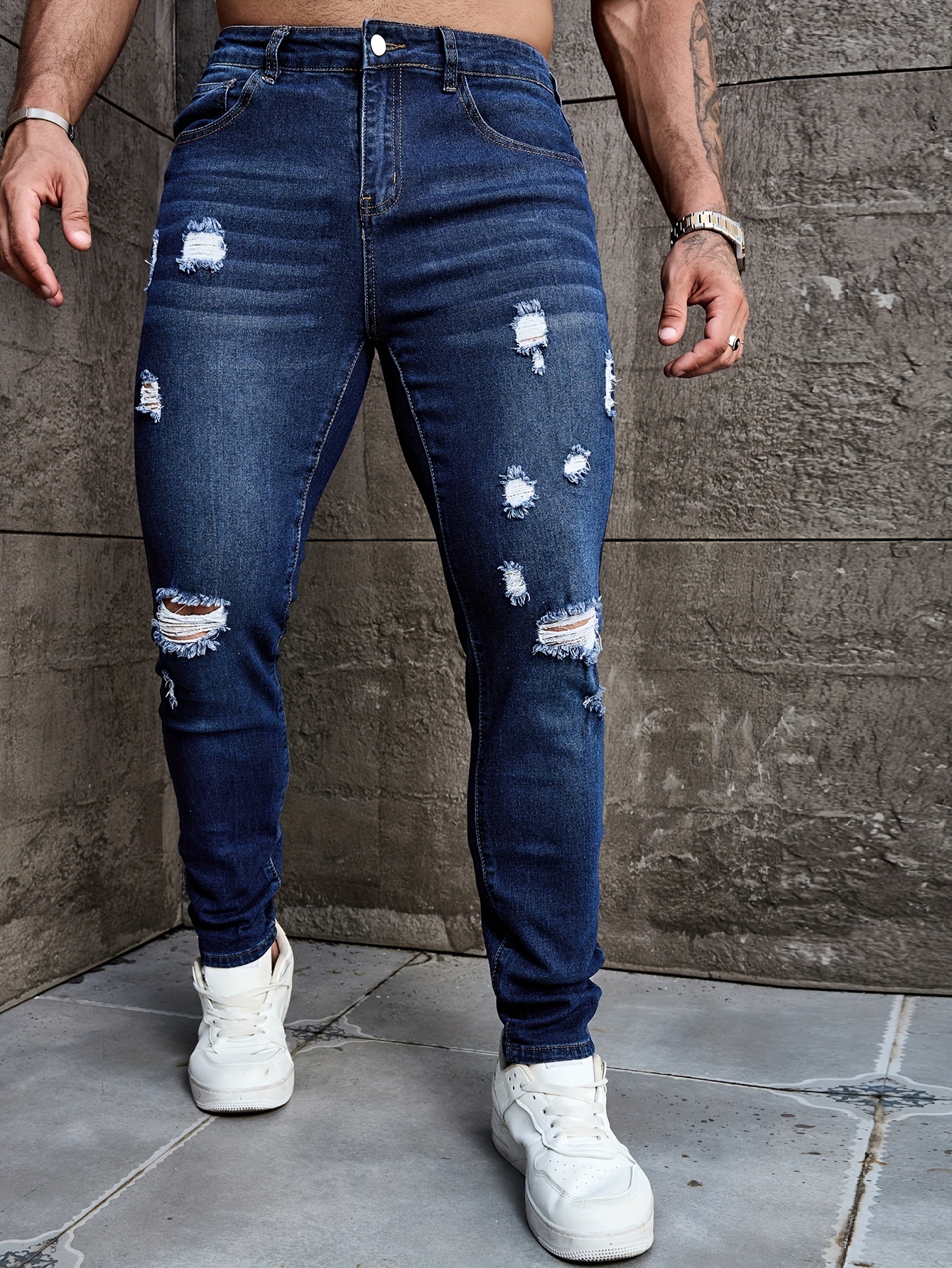 Men'S Slim-Fit Jeans - Stretchy, Solid Color, Medium Stretch, All-Season Comfort, Casual Style with Ripped Details, Perfect for Casual Attire, Casual Attire Jeans | Slim Fit Jeans | Stretchy Fabric - Image 5