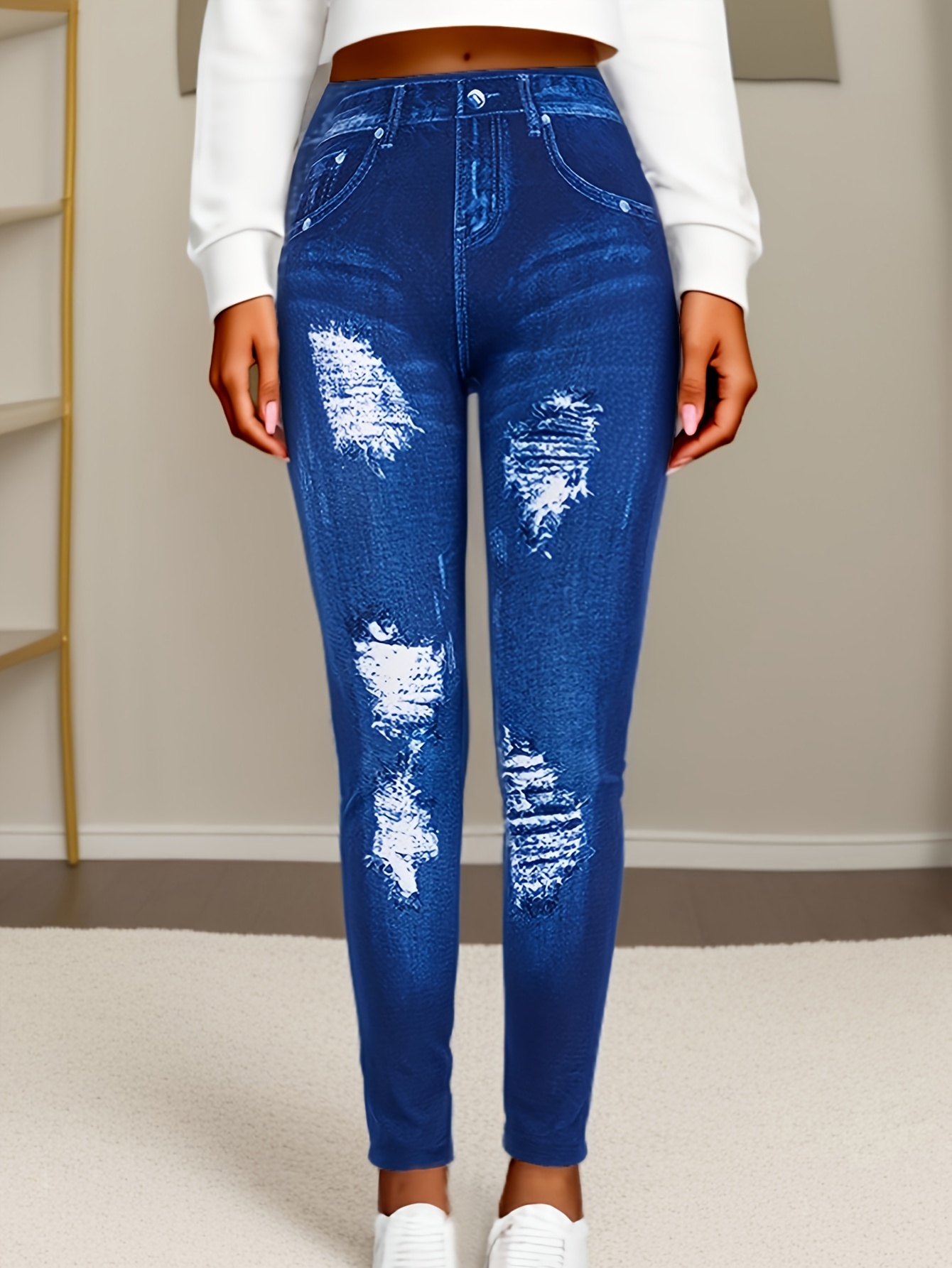 Women'S High-Waisted Cropped Faux Denim, 95% Polyester 5% Spandex, Elastic Skinny Fit, Ripped Bleached Pattern, Solid Color, Knit Fabric, Weekend Casual, All-Season, with Fake Pockets, Regular Fit, 220g/m² - Image 10