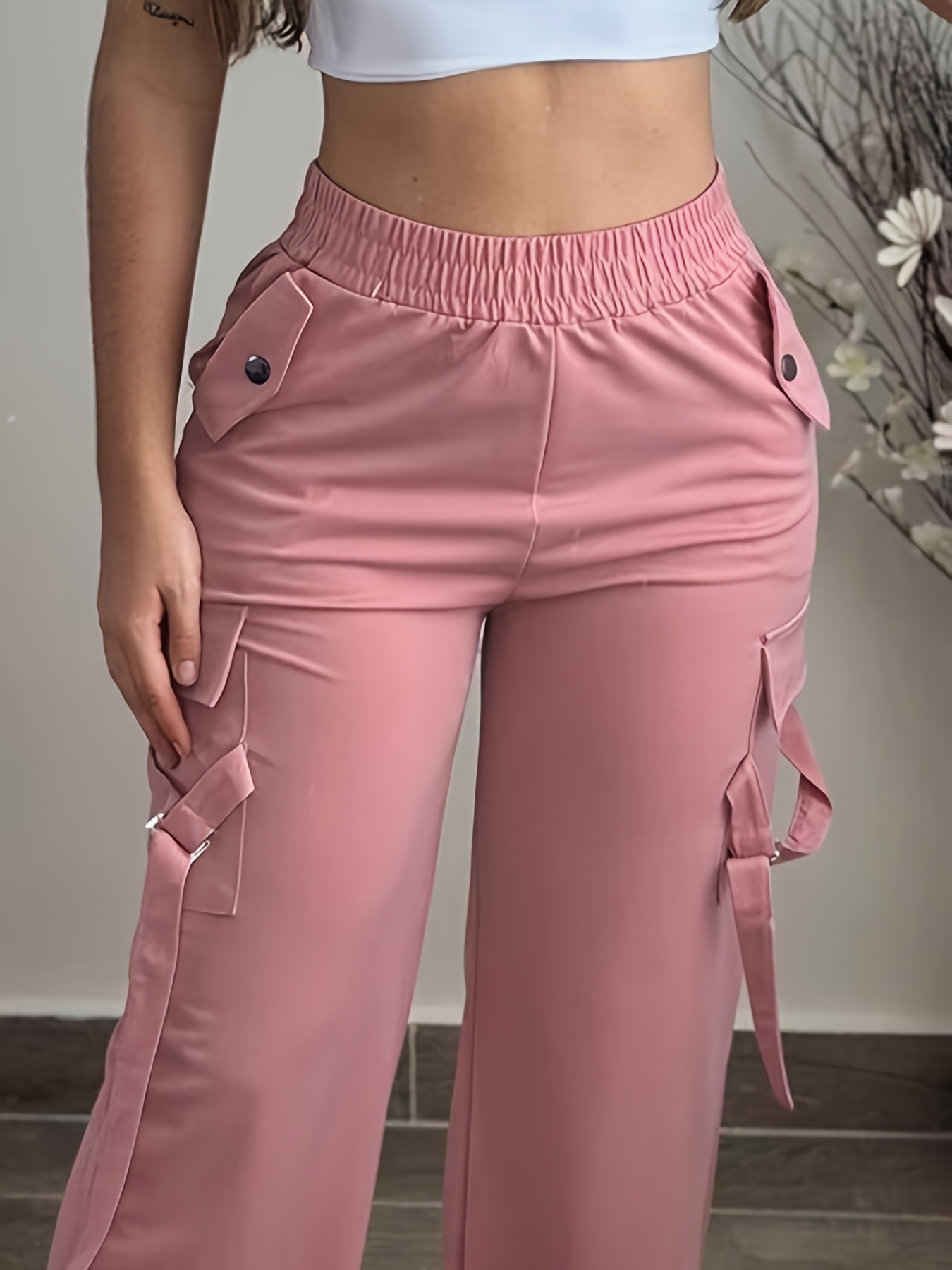 Women'S Casual Solid Color Polyester Cargo Pants, High Waist, Relaxed Fit, All-Season, with Pocket, 150g/m² Fabric Weight, for Adult