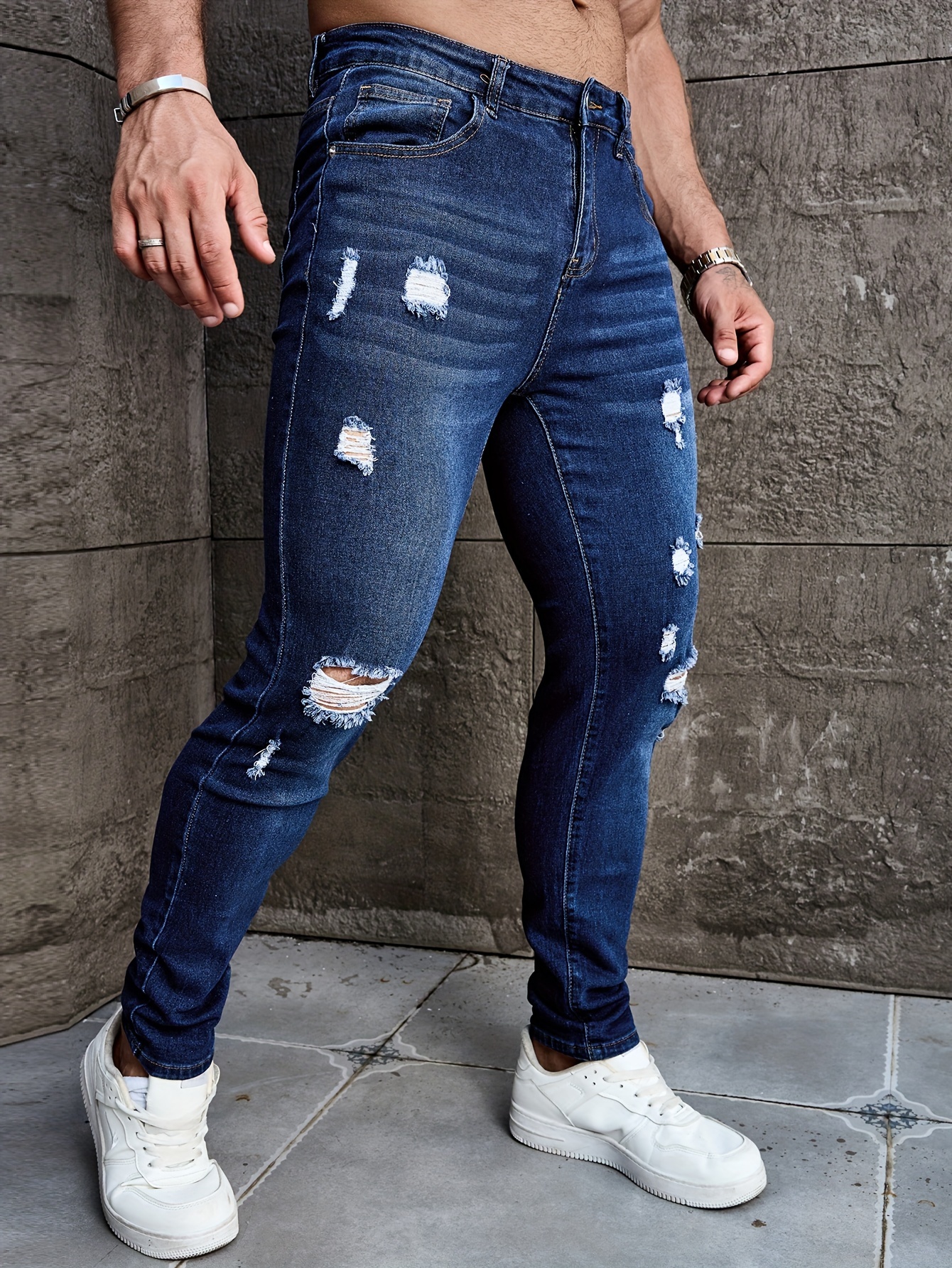 Men'S Slim-Fit Jeans - Stretchy, Solid Color, Medium Stretch, All-Season Comfort, Casual Style with Ripped Details, Perfect for Casual Attire, Casual Attire Jeans | Slim Fit Jeans | Stretchy Fabric - Image 7