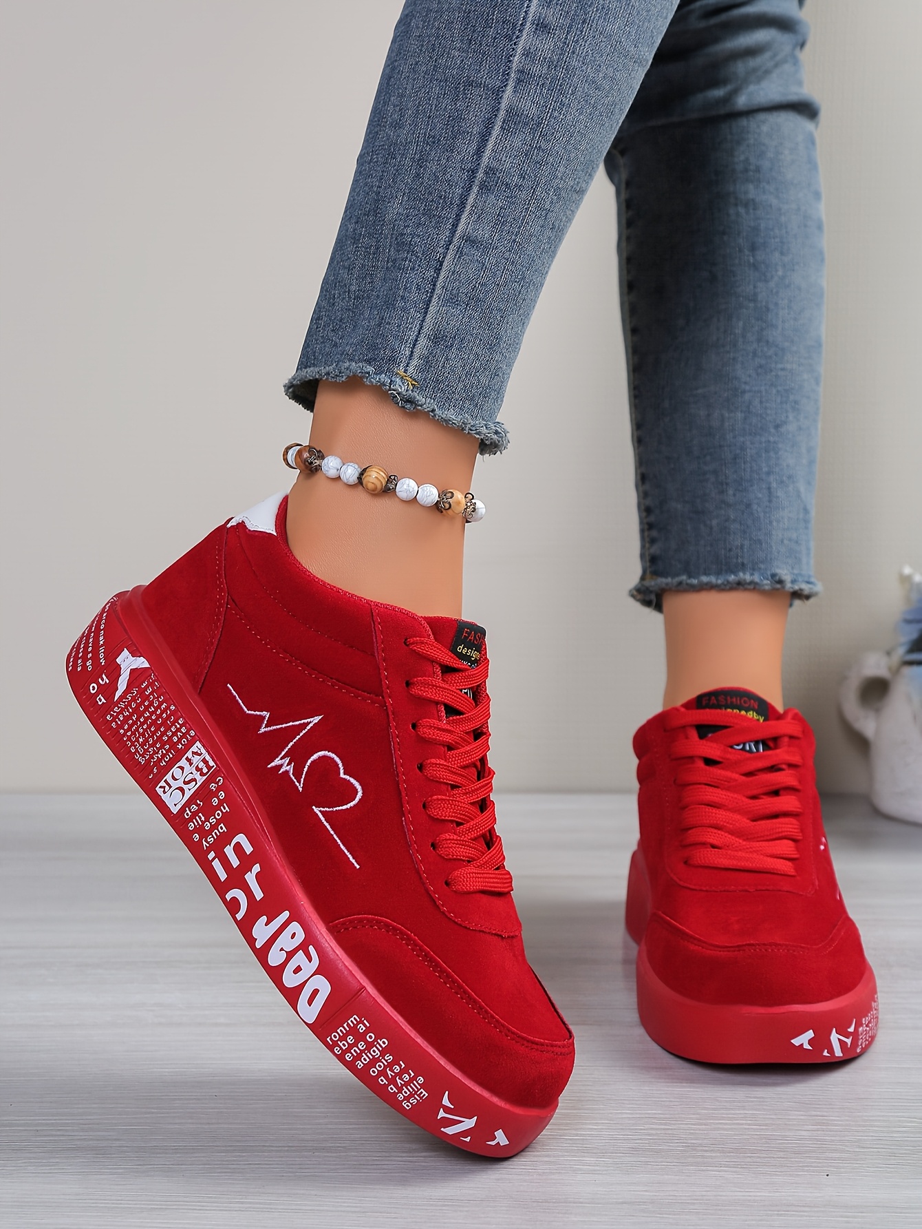 Women's & Unisex High-Top Lace-Up Sneakers - Heartbeat Line & Signature-Style Autograph Design (Becoming Mrs. / Husband & Wife) - Cushioned MD Sole, PU -like Upper - Valentine's Wedding Couple Shoes Gift - Red Low-Top Style