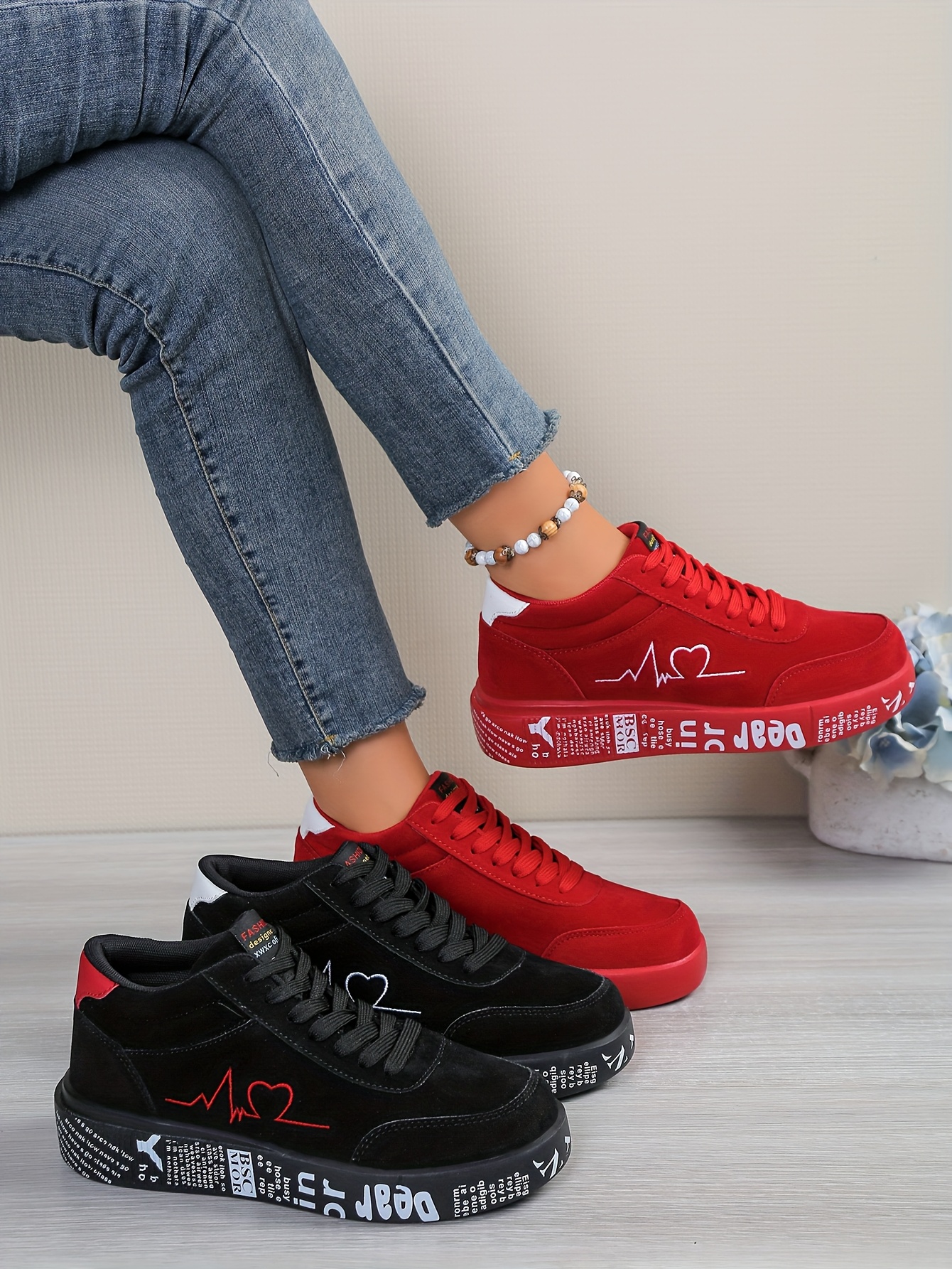 Women's & Unisex High-Top Lace-Up Sneakers - Heartbeat Line & Signature-Style Autograph Design (Becoming Mrs. / Husband & Wife) - Cushioned MD Sole, PU -like Upper - Valentine's Wedding Couple Shoes Gift - Red Low-Top Style