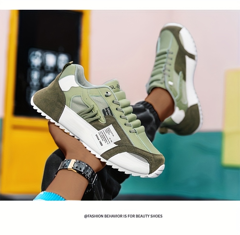 Men's Plus Size Casual Sneakers - Breathable Fabric Low-Top Lace-Up Shoes with PVC Sole, All-Season Versatile Design for Daily Wear & Light Sports, Olive Green & White, Active Lifestyle, Sporty Look, Secure Closure, Athletic Footwear, Everyday Wearers