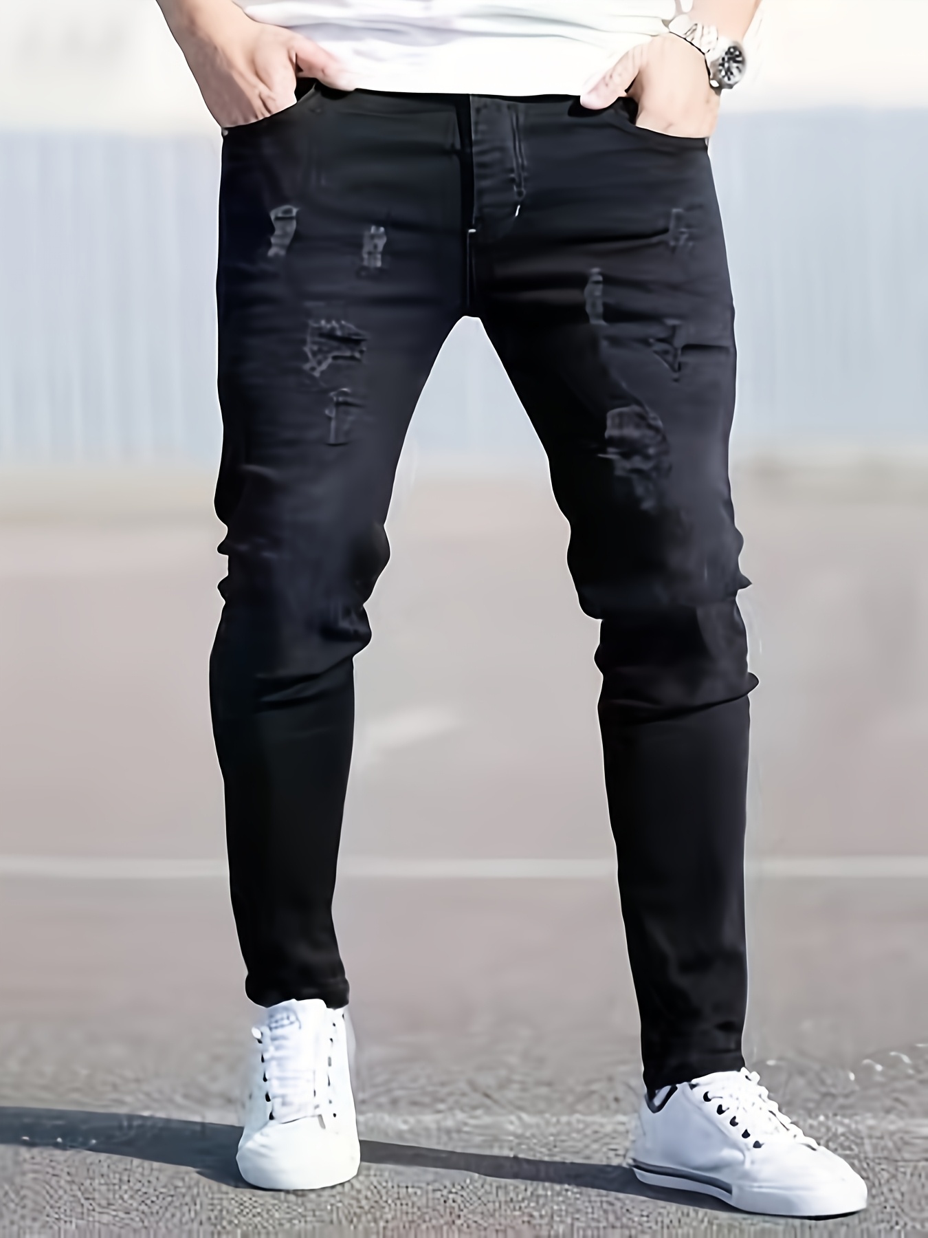 Kpop Fashion Street Men's Slim Fit Skinny Jeans, Ripped Lightweight Casual Versatile Black Pants, High-Quality Stretch Fabric
