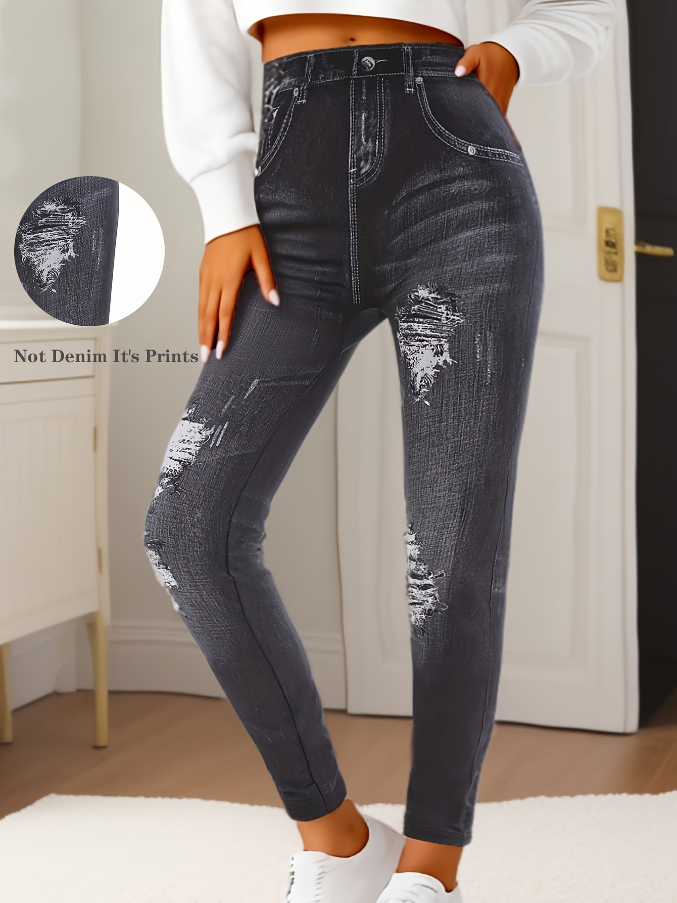 Women'S High-Waisted Cropped Faux Denim, 95% Polyester 5% Spandex, Elastic Skinny Fit, Ripped Bleached Pattern, Solid Color, Knit Fabric, Weekend Casual, All-Season, with Fake Pockets, Regular Fit, 220g/m²