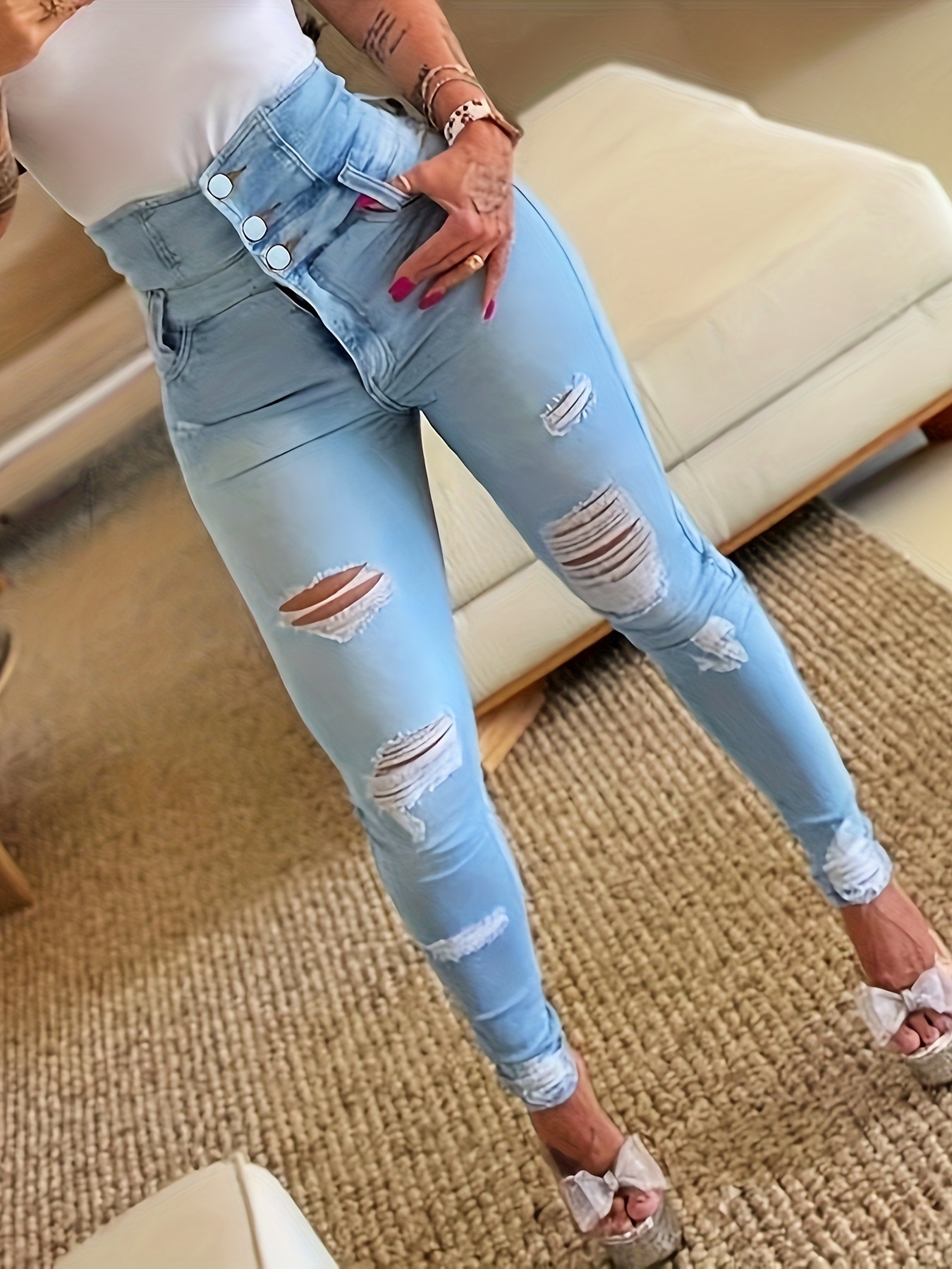 High Waist Women's Ripped Street Style Denim Jeans, Casual Skinny Stretch Trousers For Daily Wear