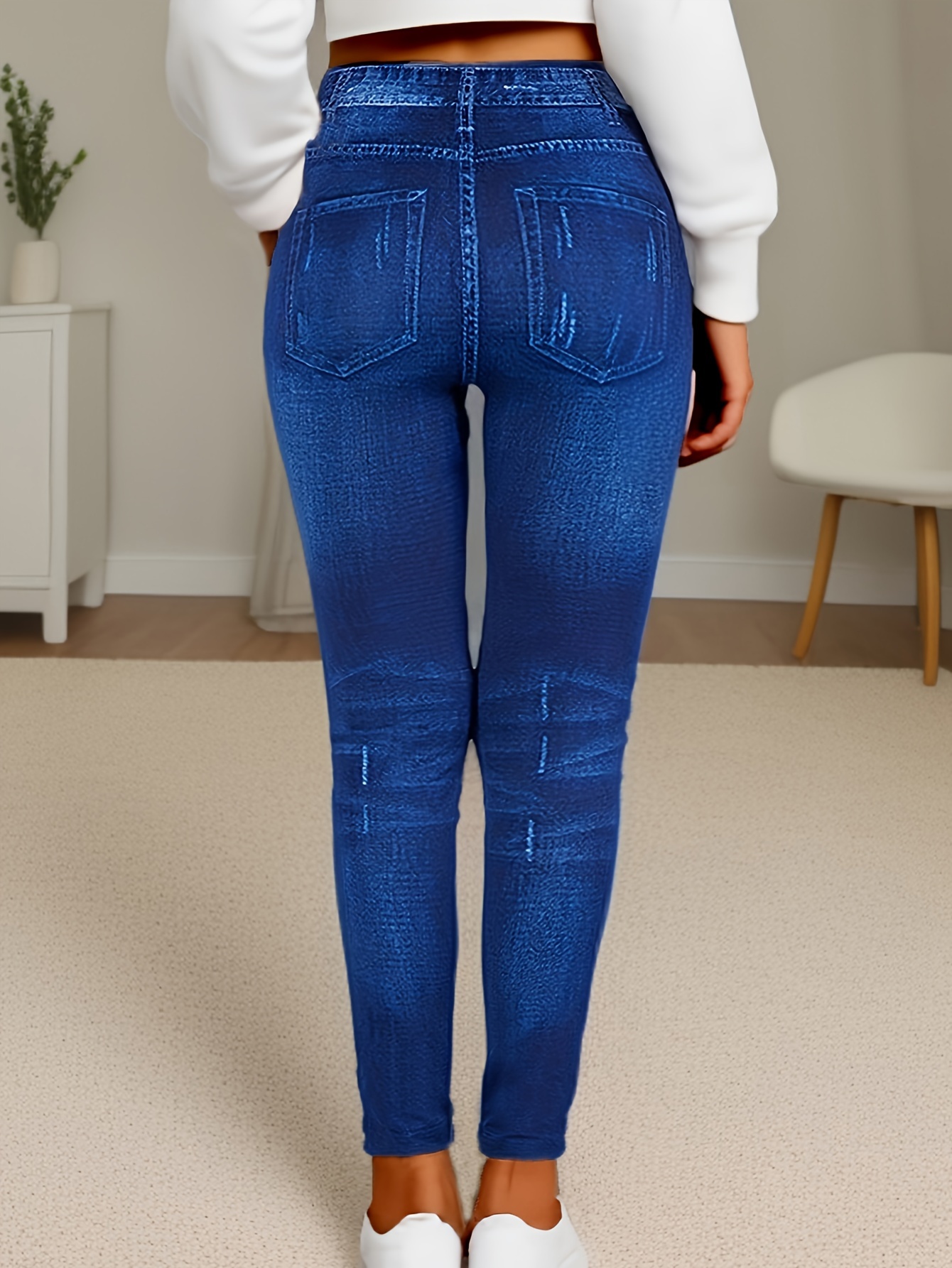 Women'S High-Waisted Cropped Faux Denim, 95% Polyester 5% Spandex, Elastic Skinny Fit, Ripped Bleached Pattern, Solid Color, Knit Fabric, Weekend Casual, All-Season, with Fake Pockets, Regular Fit, 220g/m²