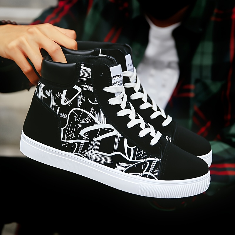 [Lightweight Skate Sneakers] Men's Lightweight Breathable Skate Sneakers | Anti-Slip PVC Sole, Mid-Top Lace-Up Design for All-Season Outdoor & Urban Streetwear, Graffiti Pattern, Durable Traction - Casual Skate Shoes