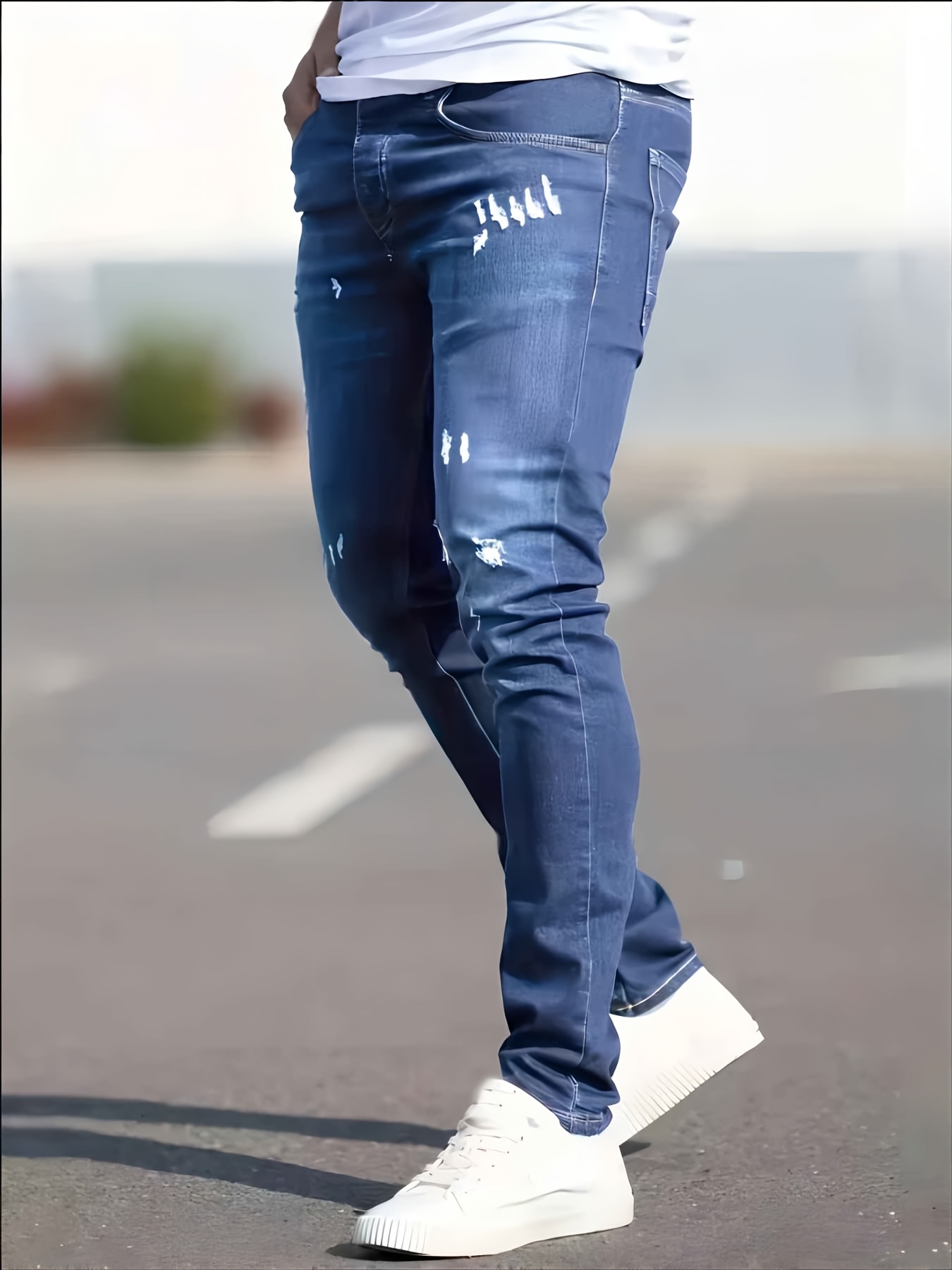 Men's Slim-Fit Stretch Denim Pants - Tight-Waist Stretchable Dress Pants with Washed Denim Color, Machine Washable All-Season Wear for Casual & Professional Outfits - Solid Color for of Matching Attire