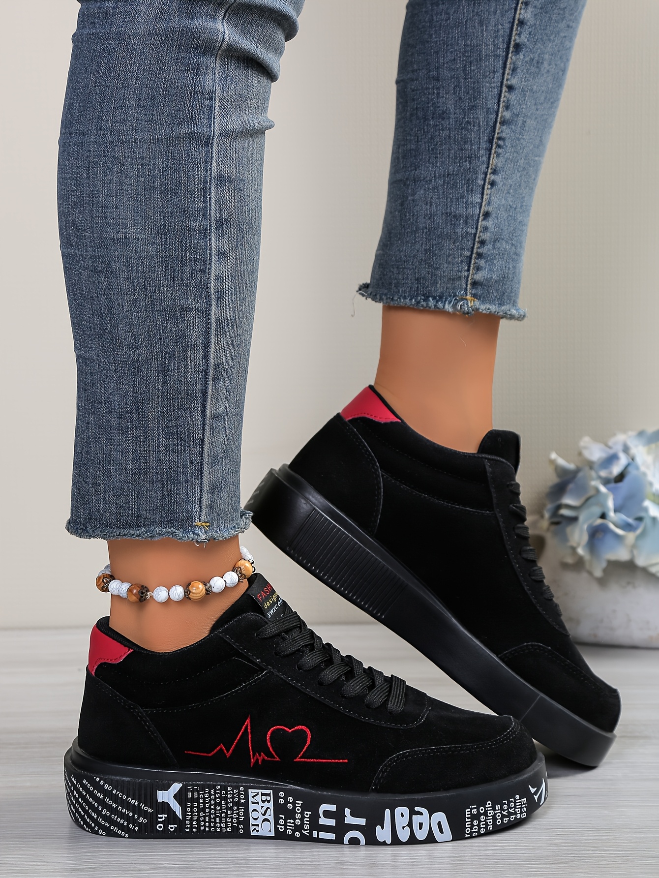 Women's & Unisex High-Top Lace-Up Sneakers - Heartbeat Line & Signature-Style Autograph Design (Becoming Mrs. / Husband & Wife) - Cushioned MD Sole, PU -like Upper - Valentine's Wedding Couple Shoes Gift - Red Low-Top Style