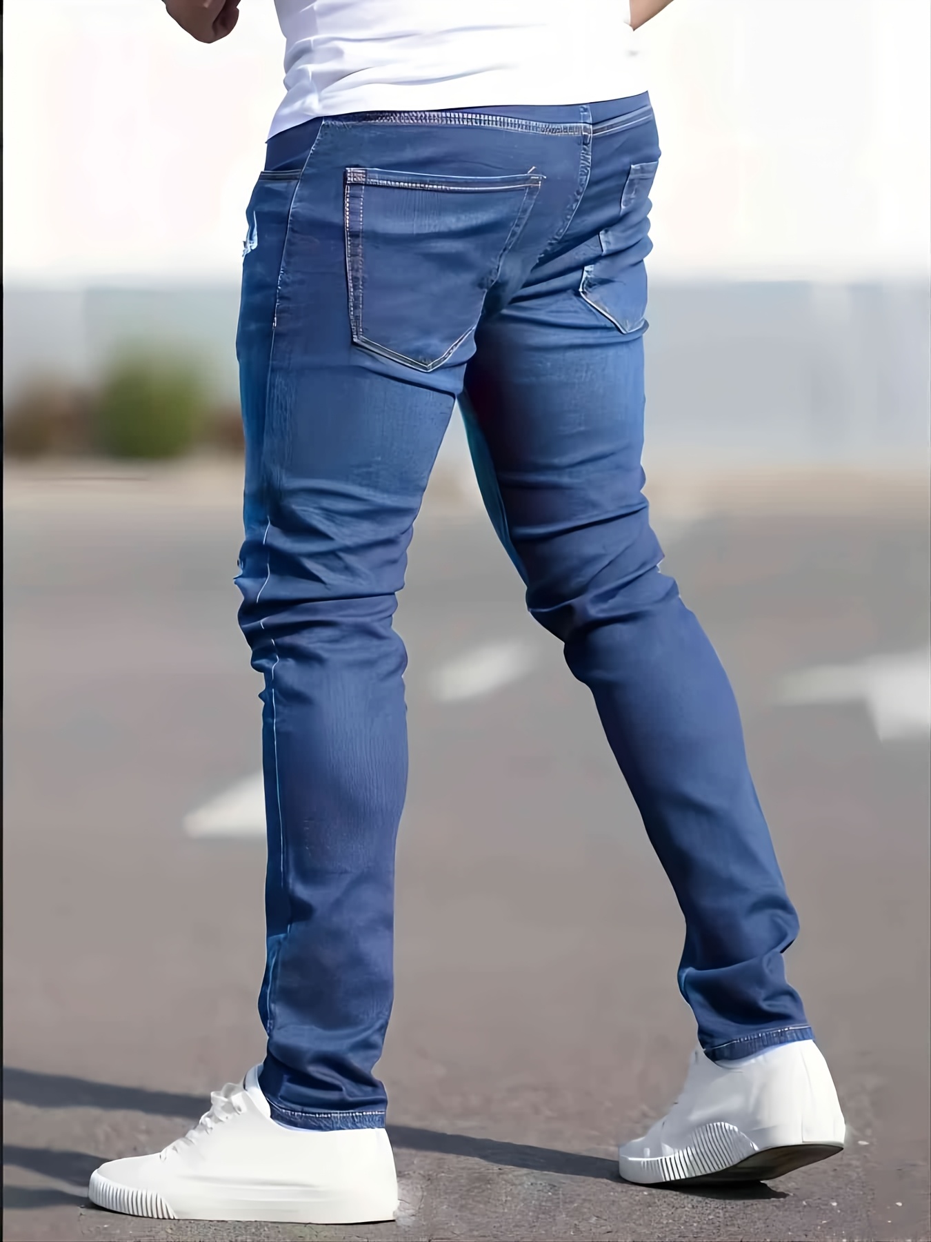 Men's Slim-Fit Stretch Denim Pants - Tight-Waist Stretchable Dress Pants with Washed Denim Color, Machine Washable All-Season Wear for Casual & Professional Outfits - Solid Color for of Matching Attire