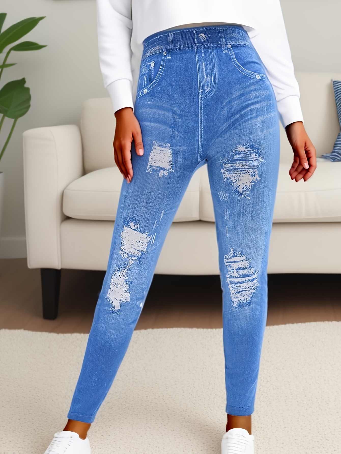 Women'S High-Waisted Cropped Faux Denim, 95% Polyester 5% Spandex, Elastic Skinny Fit, Ripped Bleached Pattern, Solid Color, Knit Fabric, Weekend Casual, All-Season, with Fake Pockets, Regular Fit, 220g/m²