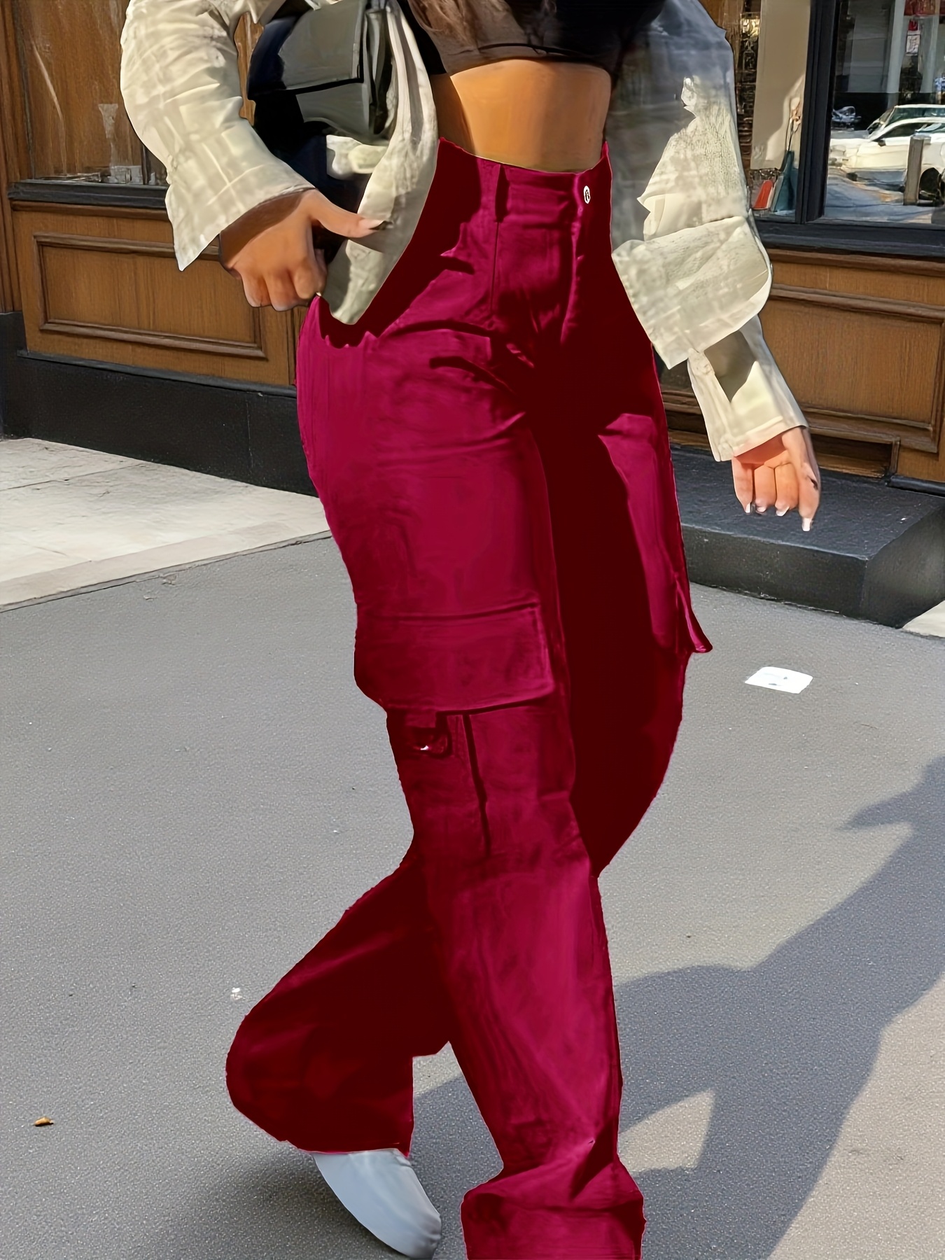 [Comfortable Cargo Pants] Comfortable Women's Solid Color Casual Cargo Pants | Wide Leg Multi-Pocket Spring/Summer Long Pants, Machine Washable, Practical Style