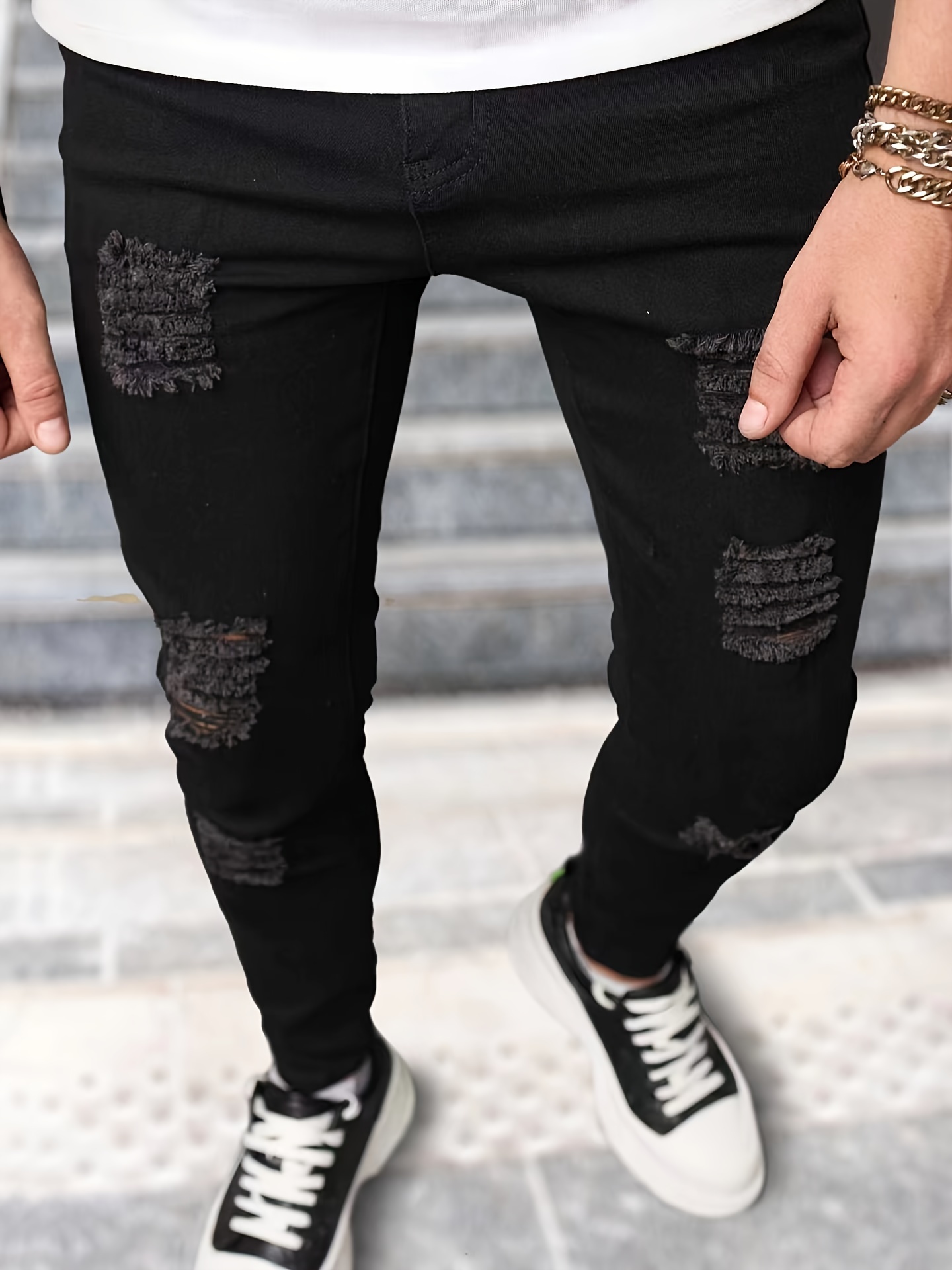 High Fashion Ripped Solid Color Long Pants for All Seasons, Versatile Black Jeans for Outings and Gatherings