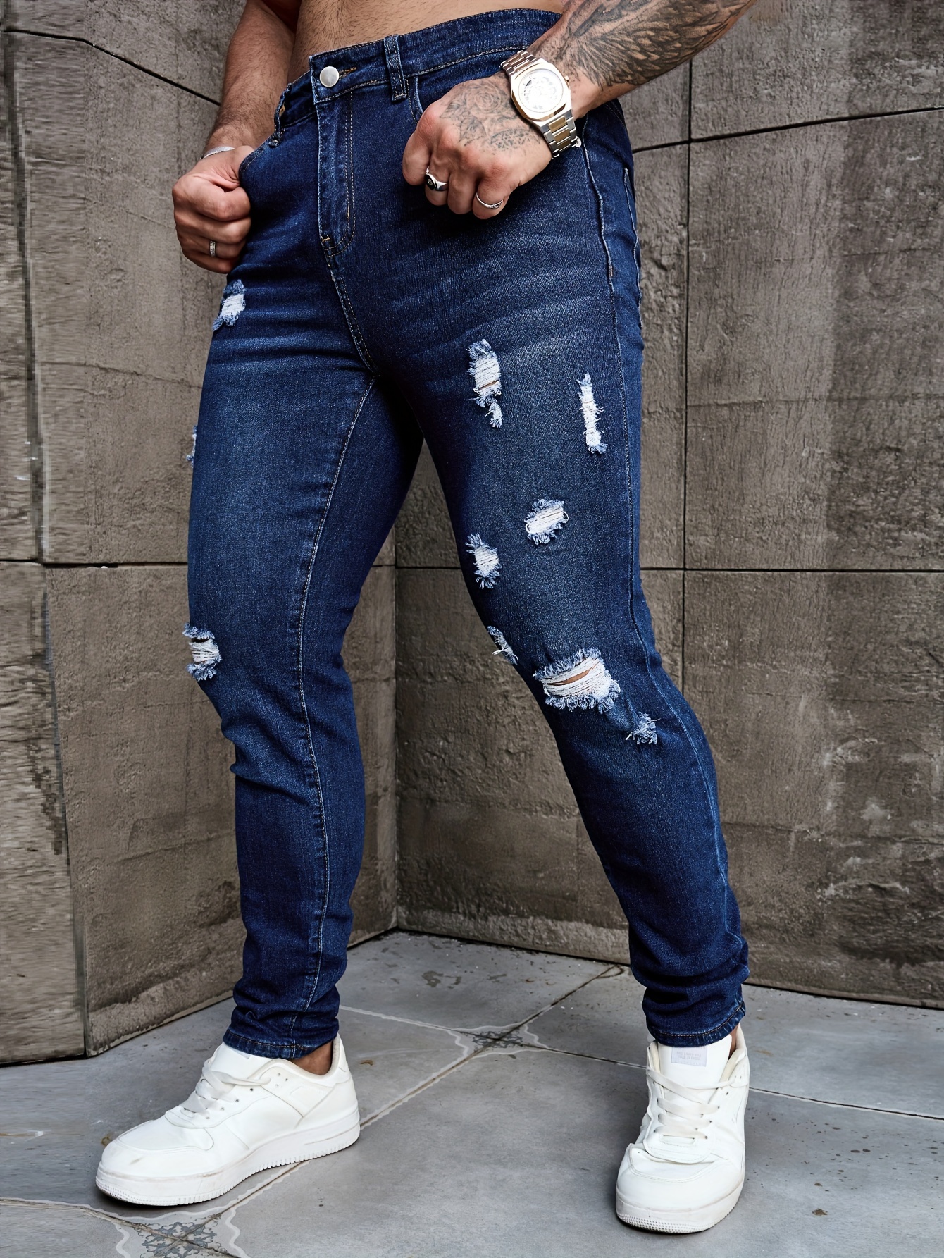 Men'S Slim-Fit Jeans - Stretchy, Solid Color, Medium Stretch, All-Season Comfort, Casual Style with Ripped Details, Perfect for Casual Attire, Casual Attire Jeans | Slim Fit Jeans | Stretchy Fabric