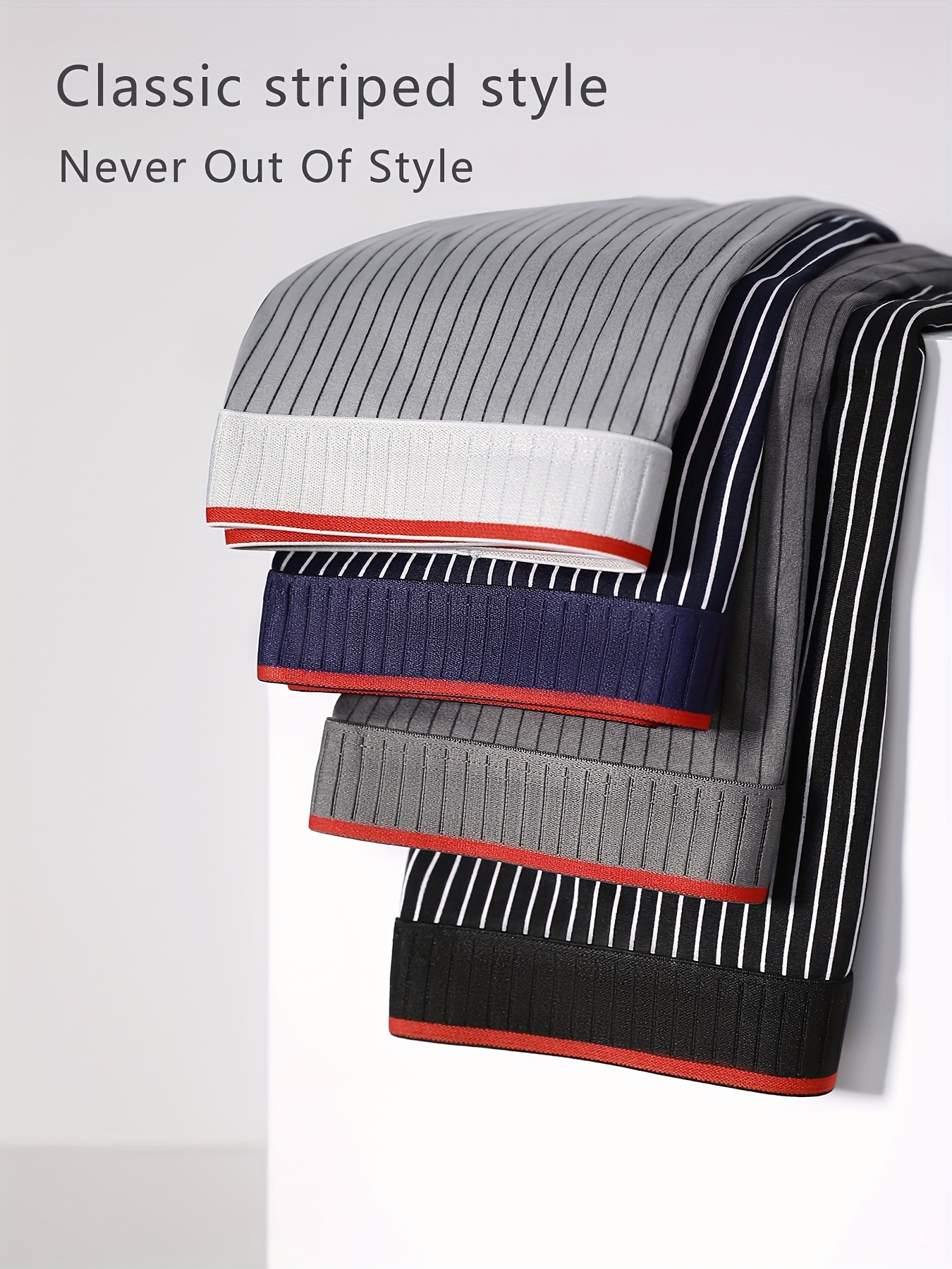 4pcs Men's Breathable Comfortable Stretch Boxer Briefs, Fashionable Versatile Underwear, Sports Shorts, Large Size Striped Style Color-Blocked Red Trim Belt, Ice Silky Fabric, Cool Comfort for Daily & Casual Wear