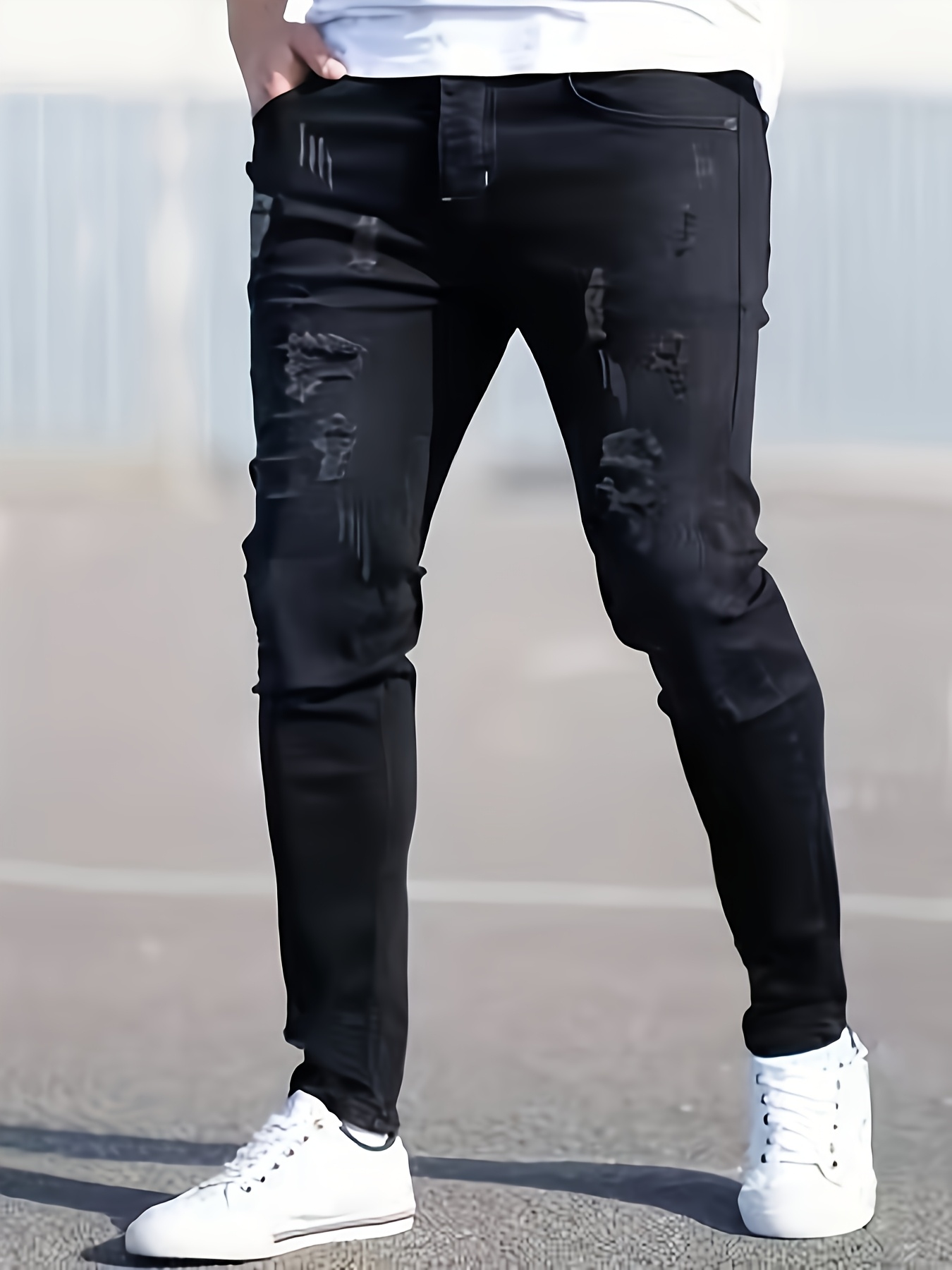 Kpop Fashion Street Men's Slim Fit Skinny Jeans, Ripped Lightweight Casual Versatile Black Pants, High-Quality Stretch Fabric