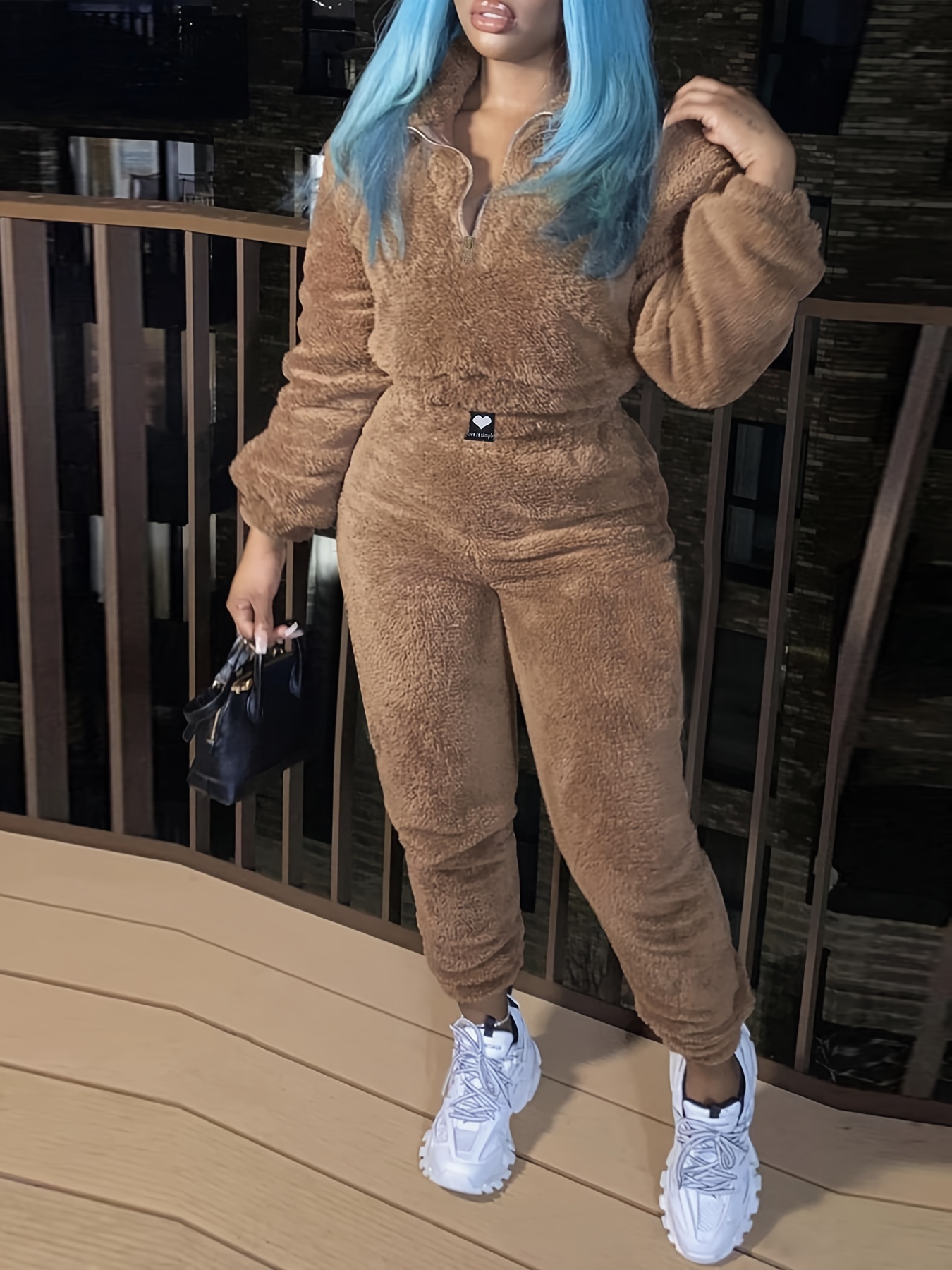 Two-piece Set, Thermal Zip Up Crop Sweatshirt & High Waist Pants Outfits, Casual Women's Clothing