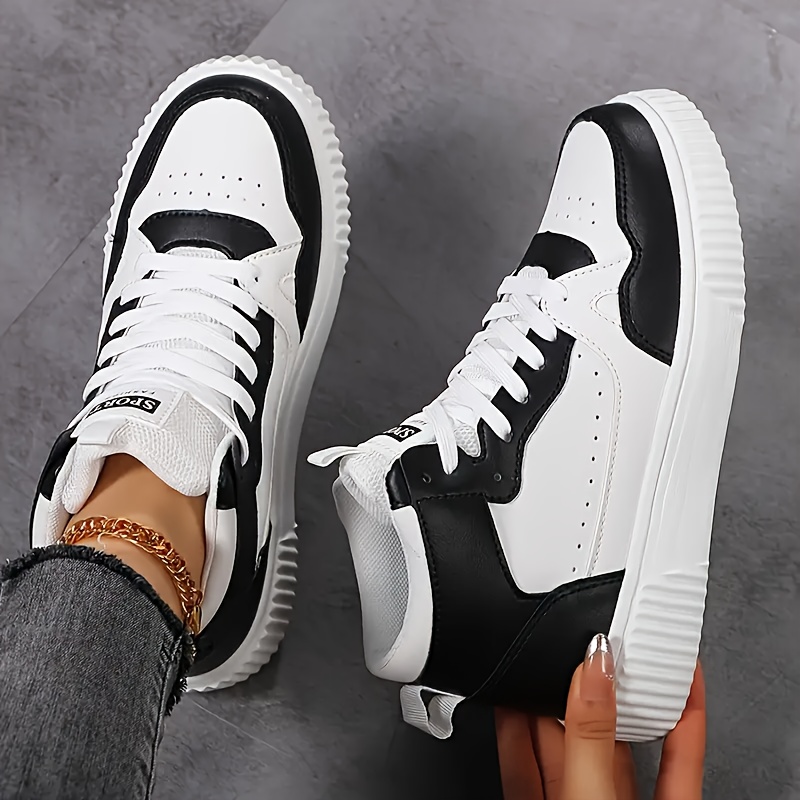 Cyber Monday Women's Casual High-Top Sneakers - Black and White Color Block Design for Campus Fashion, Youthful and Energetic, Trendy and Versatile. Comfortable Soft EVA Sole, Spring and Winter Lace-Up Fashion Shoes, Warm and Lightweight, Classic
