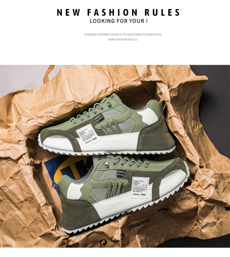 Men's Plus Size Casual Sneakers - Breathable Fabric Low-Top Lace-Up Shoes with PVC Sole, All-Season Versatile Design for Daily Wear & Light Sports, Olive Green & White, Active Lifestyle, Sporty Look, Secure Closure, Athletic Footwear, Everyday Wearers