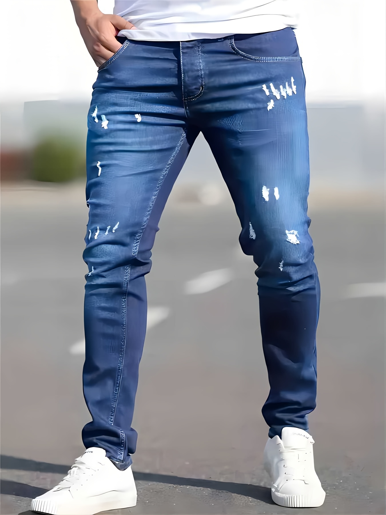 Men's Slim-Fit Stretch Denim Pants - Tight-Waist Stretchable Dress Pants with Washed Denim Color, Machine Washable All-Season Wear for Casual & Professional Outfits - Solid Color for of Matching Attire