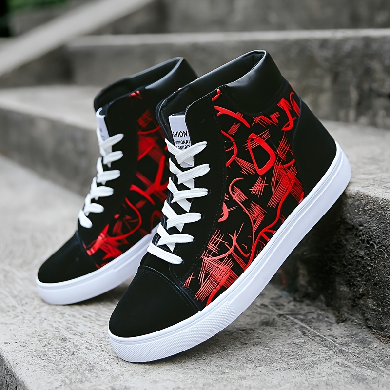 [Lightweight Skate Sneakers] Men's Lightweight Breathable Skate Sneakers | Anti-Slip PVC Sole, Mid-Top Lace-Up Design for All-Season Outdoor & Urban Streetwear, Graffiti Pattern, Durable Traction - Casual Skate Shoes