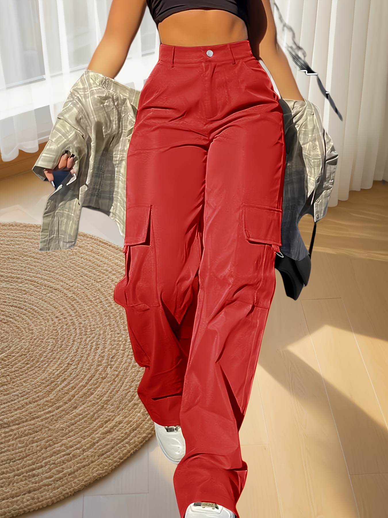 [Comfortable Cargo Pants] Comfortable Women's Solid Color Casual Cargo Pants | Wide Leg Multi-Pocket Spring/Summer Long Pants, Machine Washable, Practical Style