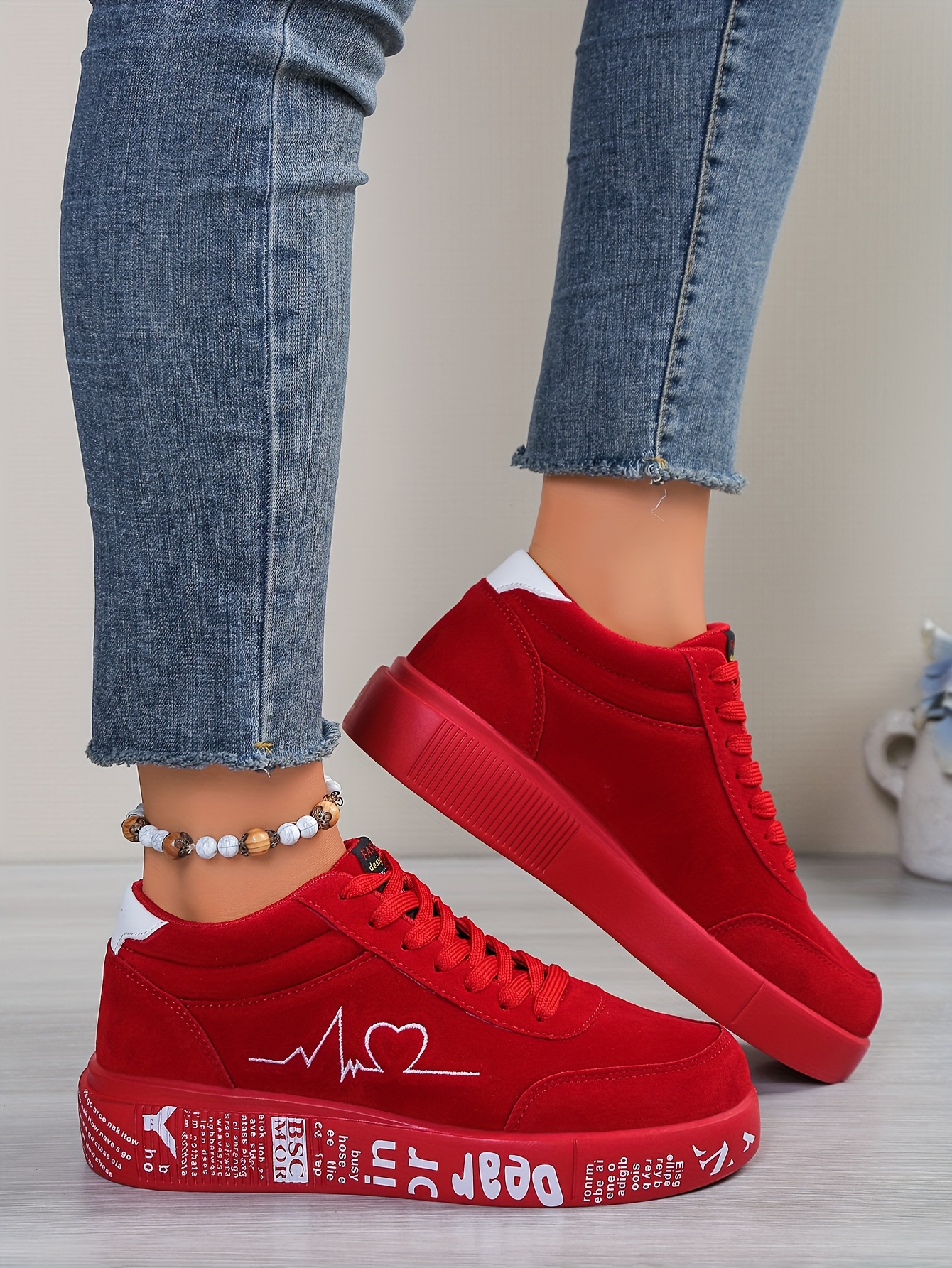 Women's & Unisex High-Top Lace-Up Sneakers - Heartbeat Line & Signature-Style Autograph Design (Becoming Mrs. / Husband & Wife) - Cushioned MD Sole, PU -like Upper - Valentine's Wedding Couple Shoes Gift - Red Low-Top Style