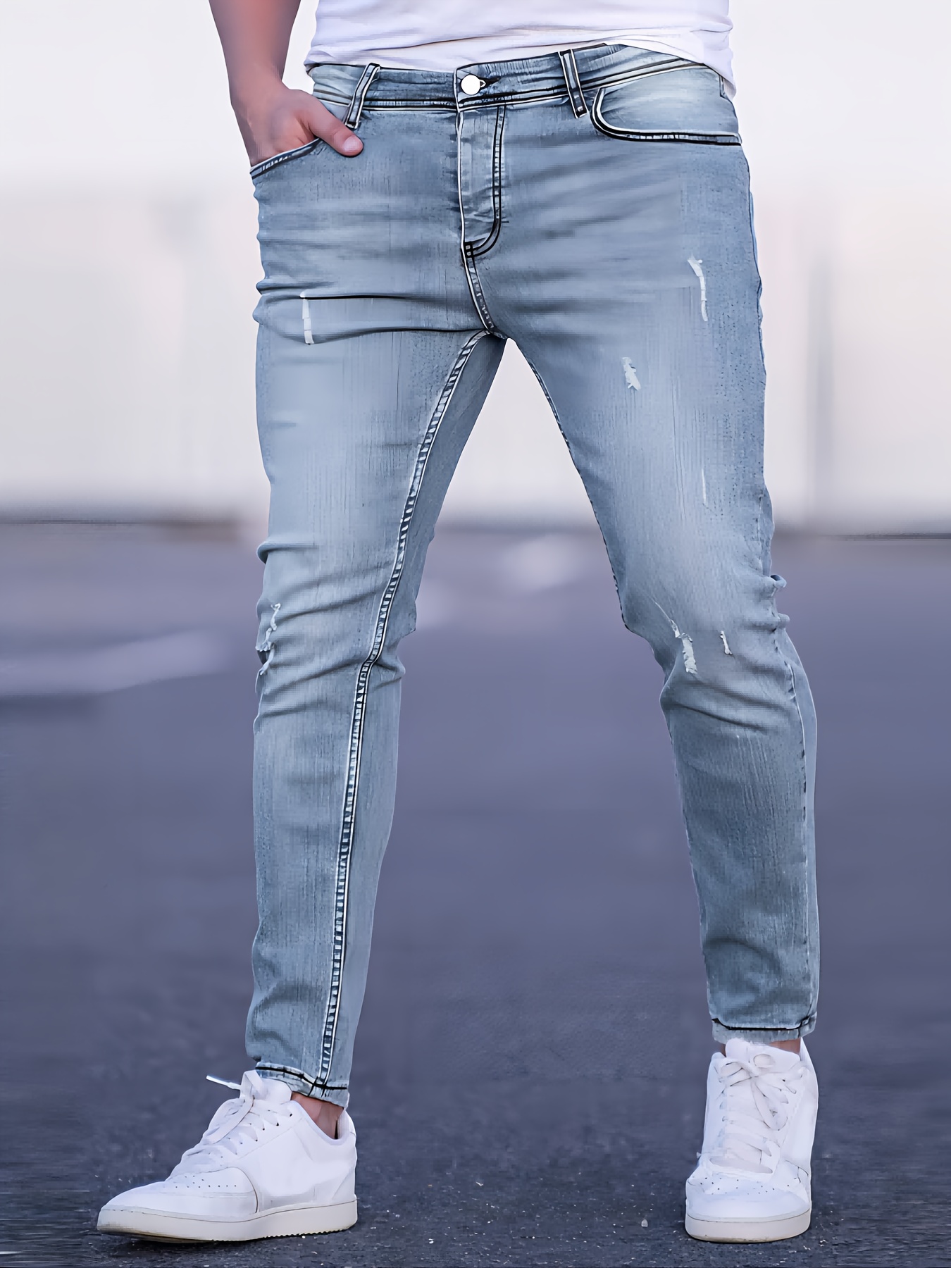 Men's Slim-Fit Stretch Denim Pants - Tight-Waist Stretchable Dress Pants with Washed Denim Color, Machine Washable All-Season Wear for Casual & Professional Outfits - Solid Color for of Matching Attire