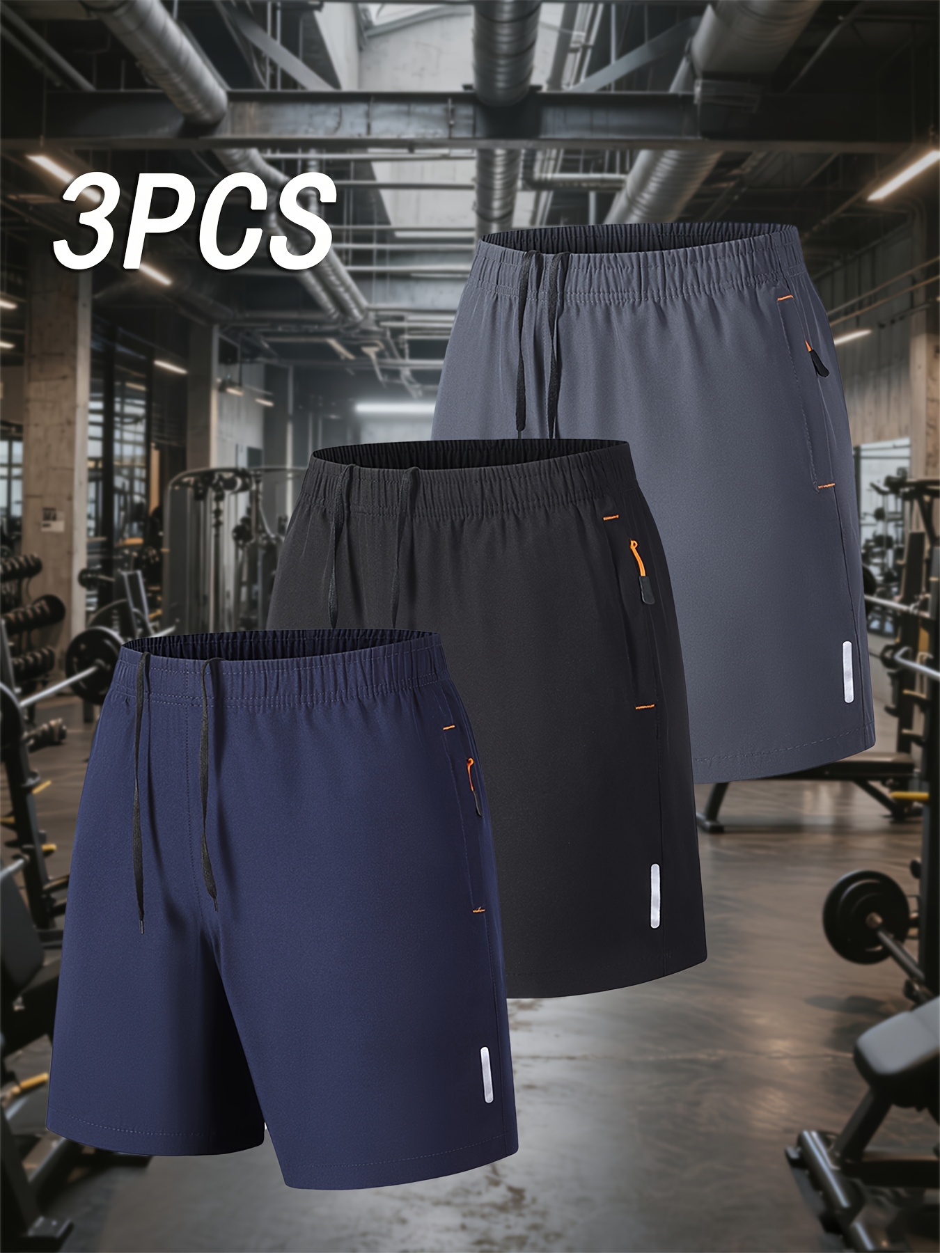 Three-Pack Men's Athletic Casual Shorts, Ideal for Fitness, Solid Color Breathable Quick-Dry Style with Zippered Pockets and Waist Drawstring, Suitable for Outdoor Activities & Workout Training, Reflective Strip Design