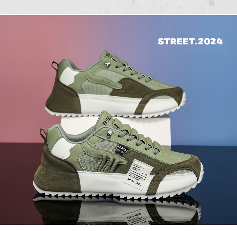 Men's Plus Size Casual Sneakers - Breathable Fabric Low-Top Lace-Up Shoes with PVC Sole, All-Season Versatile Design for Daily Wear & Light Sports, Olive Green & White, Active Lifestyle, Sporty Look, Secure Closure, Athletic Footwear, Everyday Wearers