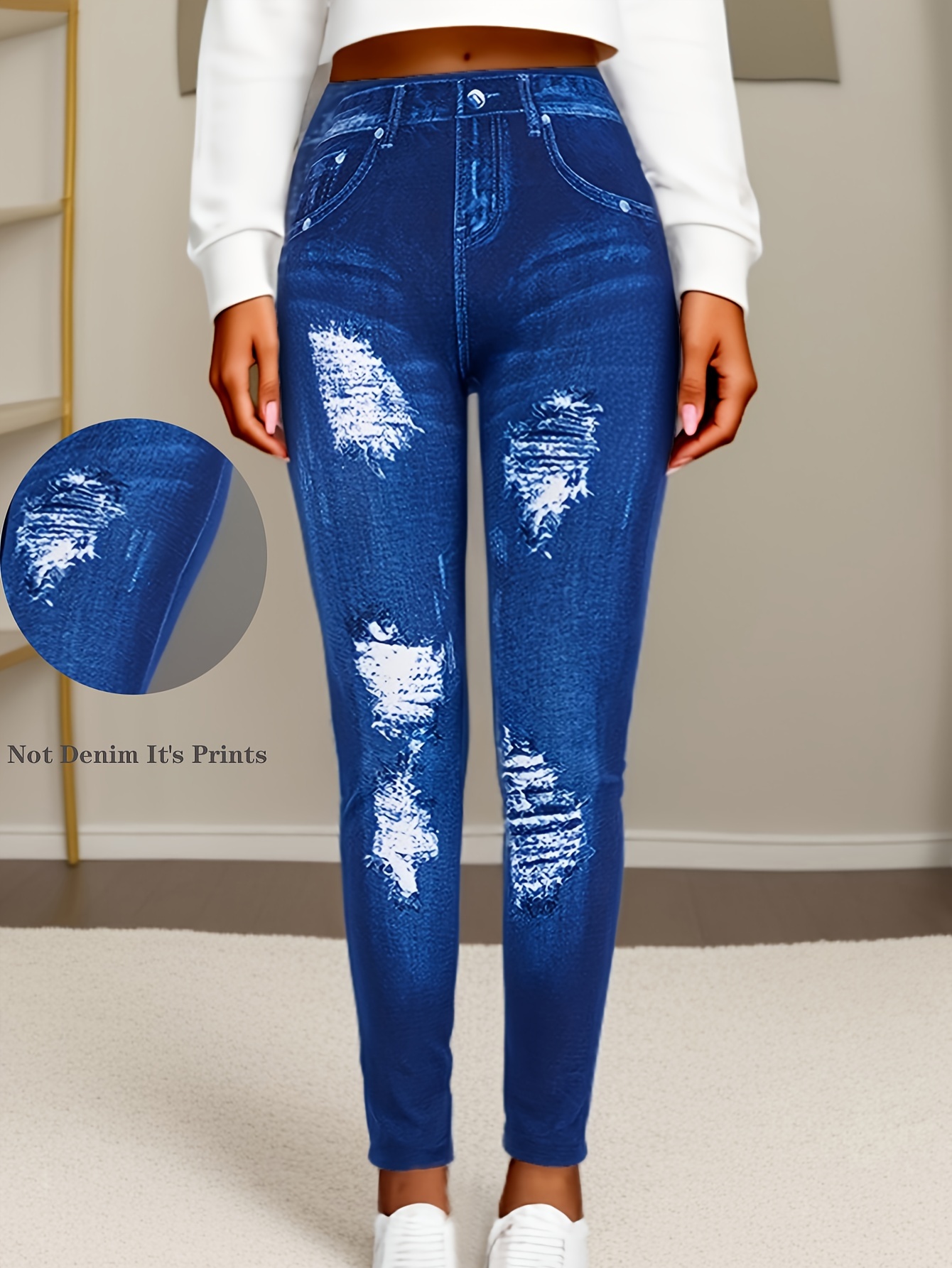 Women'S High-Waisted Cropped Faux Denim, 95% Polyester 5% Spandex, Elastic Skinny Fit, Ripped Bleached Pattern, Solid Color, Knit Fabric, Weekend Casual, All-Season, with Fake Pockets, Regular Fit, 220g/m²