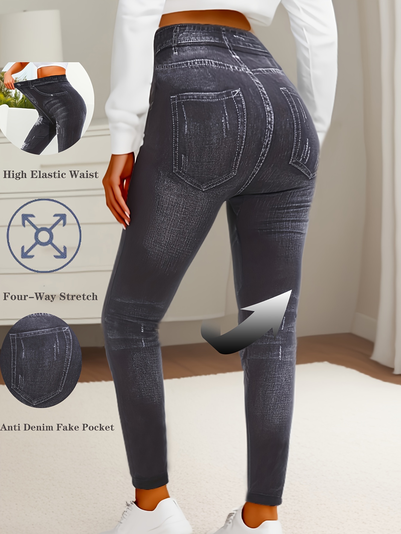 Women'S High-Waisted Cropped Faux Denim, 95% Polyester 5% Spandex, Elastic Skinny Fit, Ripped Bleached Pattern, Solid Color, Knit Fabric, Weekend Casual, All-Season, with Fake Pockets, Regular Fit, 220g/m²