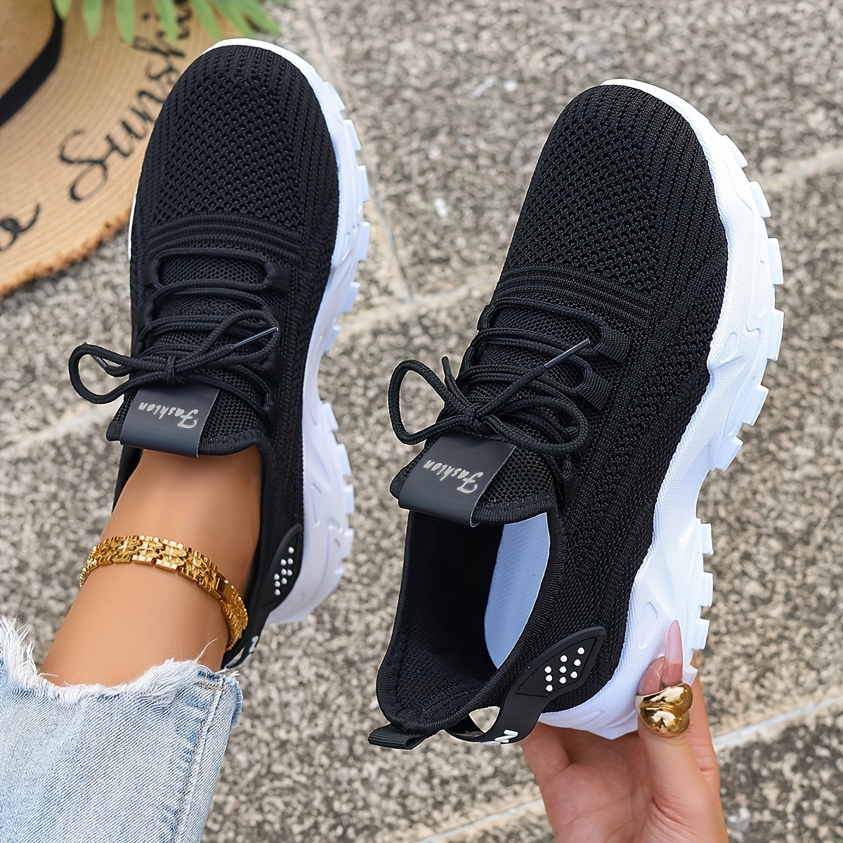 Breathable Knitted Slip-on Sneakers | Lightweight Low-Top Casual Shoes with Non-Slip PVC Sole, Machine Washable, All-Season Comfort, Unisex Black and White Design for Outdoor Activities