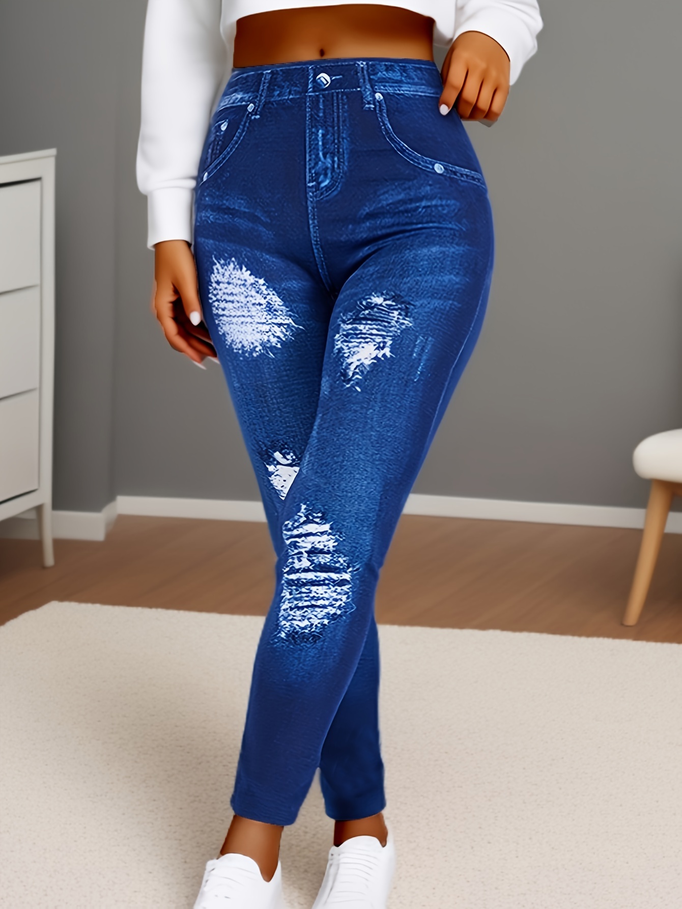 Women'S High-Waisted Cropped Faux Denim, 95% Polyester 5% Spandex, Elastic Skinny Fit, Ripped Bleached Pattern, Solid Color, Knit Fabric, Weekend Casual, All-Season, with Fake Pockets, Regular Fit, 220g/m²