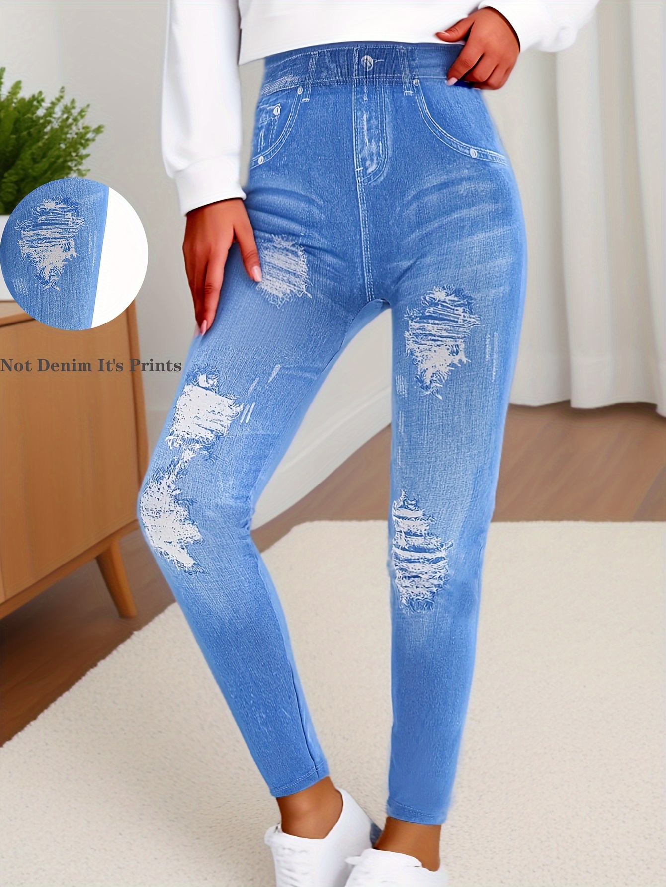 Women'S High-Waisted Cropped Faux Denim, 95% Polyester 5% Spandex, Elastic Skinny Fit, Ripped Bleached Pattern, Solid Color, Knit Fabric, Weekend Casual, All-Season, with Fake Pockets, Regular Fit, 220g/m²