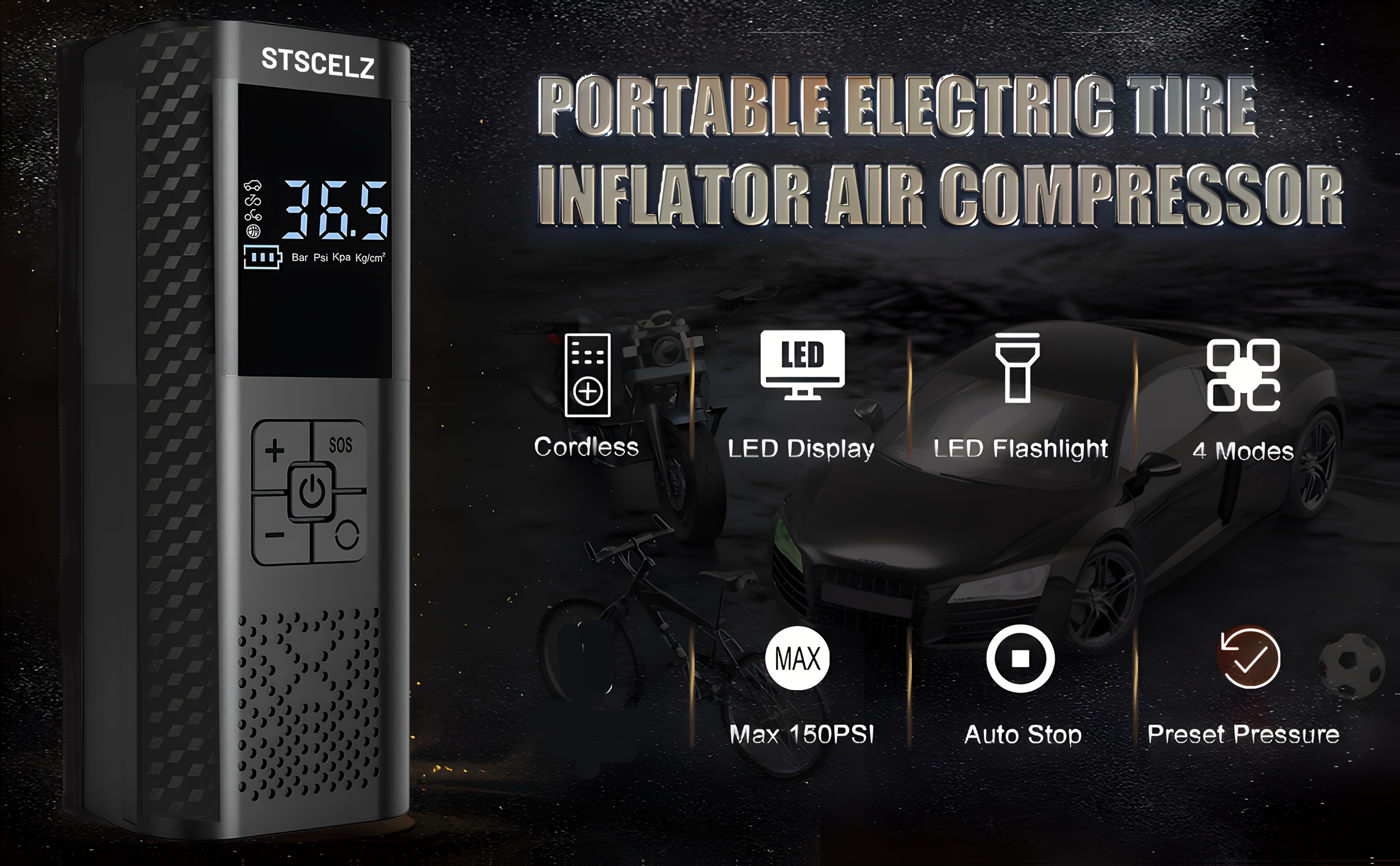 [Fast Tire Inflator] 3X Fast Portable Air Compressor Tire Inflator | 150 PSI Cordless Car Tire Air Pump with Pressure Gauge and LED Light - Electric Air Pump with Auto Shutoff for Car, Motorcycle, Bicycle, Balls