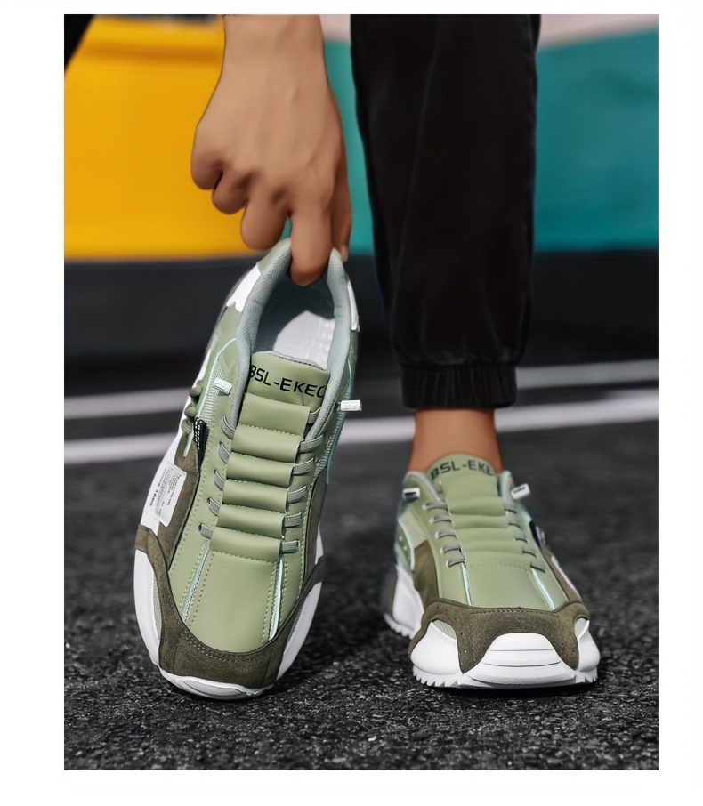 Men's Plus Size Casual Sneakers - Breathable Fabric Low-Top Lace-Up Shoes with PVC Sole, All-Season Versatile Design for Daily Wear & Light Sports, Olive Green & White, Active Lifestyle, Sporty Look, Secure Closure, Athletic Footwear, Everyday Wearers