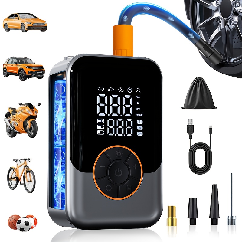 Portable Wireless Air Compressor Tire Inflator- with Digital Pressure Gauge, Emergency LED Light, 4x Fast Cordless Design| Equipped with Rechargeable Battery| Digital Display Tire Air Pump, Suitable for Car, Motorcycle, Bicycle Tires and Sports Balls