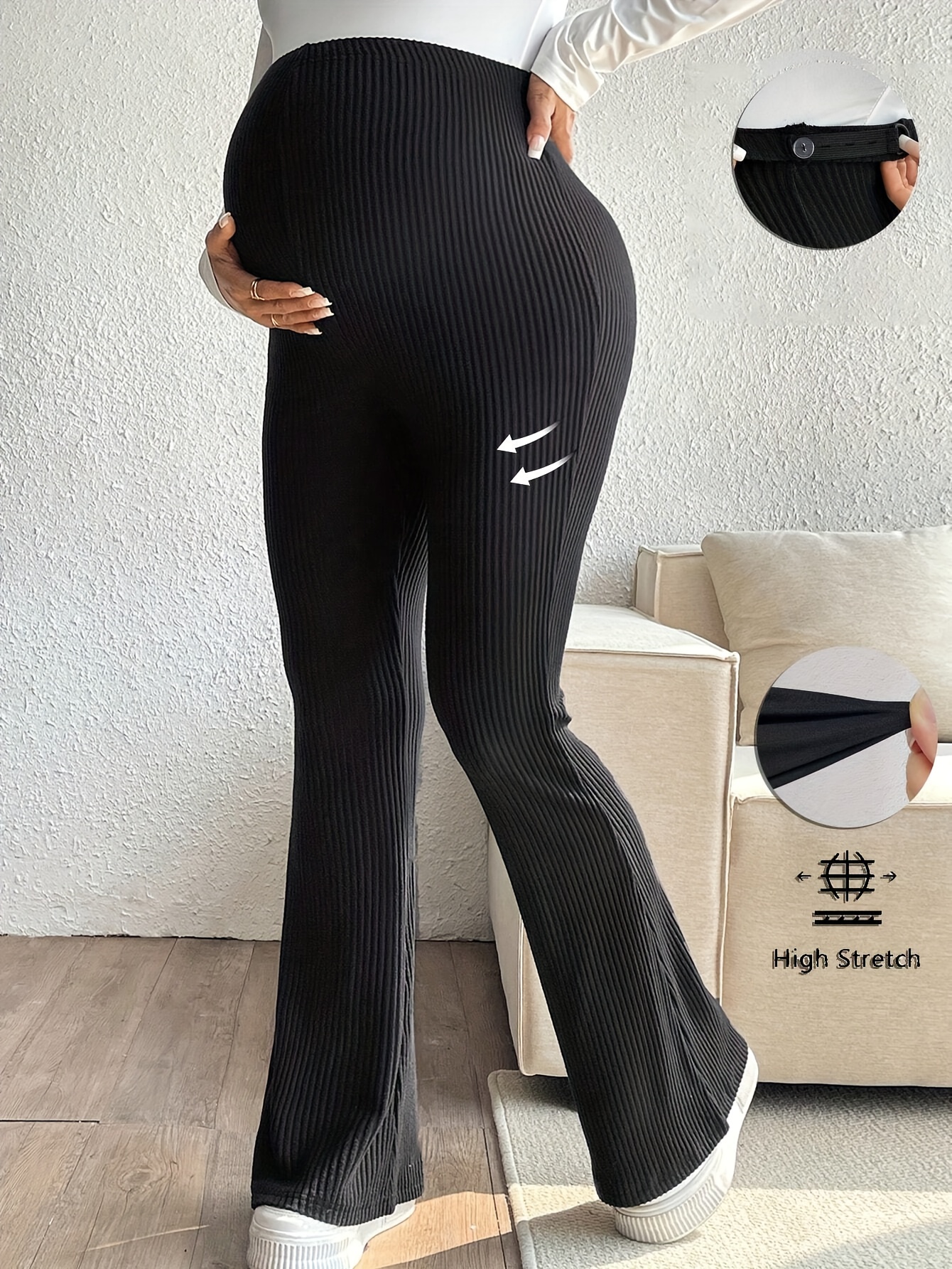 Maternity High-Waisted Wide-Leg Bell-Bottom Pants - Pregnancy Trousers with Button Closure, Elastic Waist & Smooth Houndstooth-Like Leg (No-Show Under) - Machine Washable for, Prenatal Yoga, & Casual Wear (Black/White