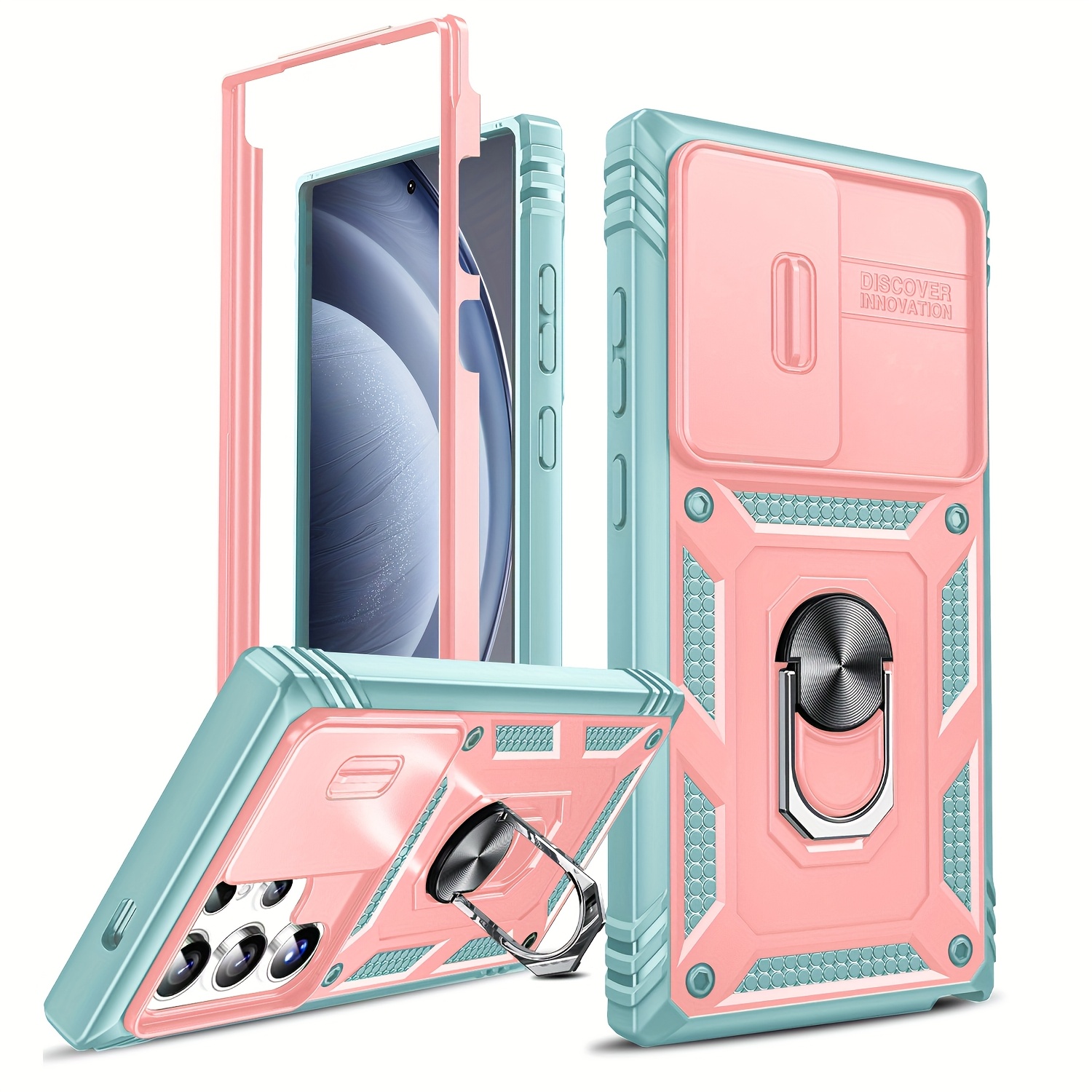 [Shockproof Armor Case] Shockproof Armor Case with 360° Rotating Metal Magnetic Stand | Window Series for Samsung Galaxy S25, S24FE, S23FE, S22, S21FE, S20FE Ultra Plus, A56, A55, A54, A36, A35, A34, A26, A25, A24, A16, A15, A14, A13, A06 5G & 4G Series - Sliding Lens Cover Protection