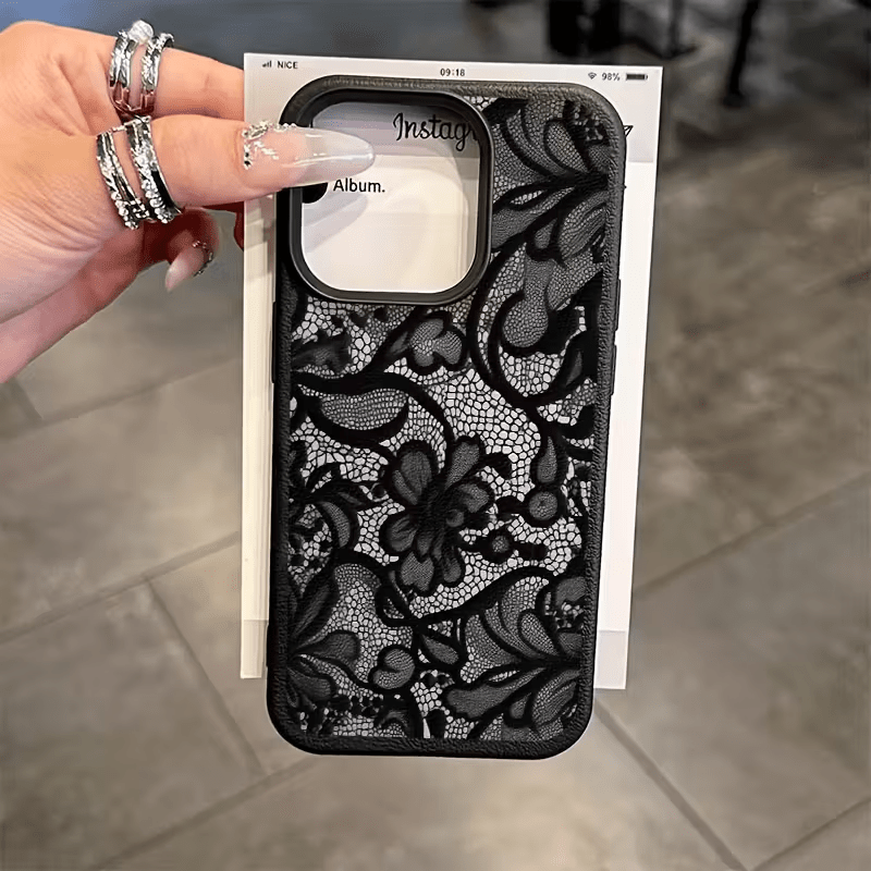 Phone Case , Black Lace Trendy Pattern Full Coverage TPU Lychee Texture , Shockproof Case Stylish Design Fashionable Cover , for iPhone 16 15 14 13 12 11 Pro Max X XS XR 8 7 Plus , 1pc , Daily Use Case Mobile Accessory