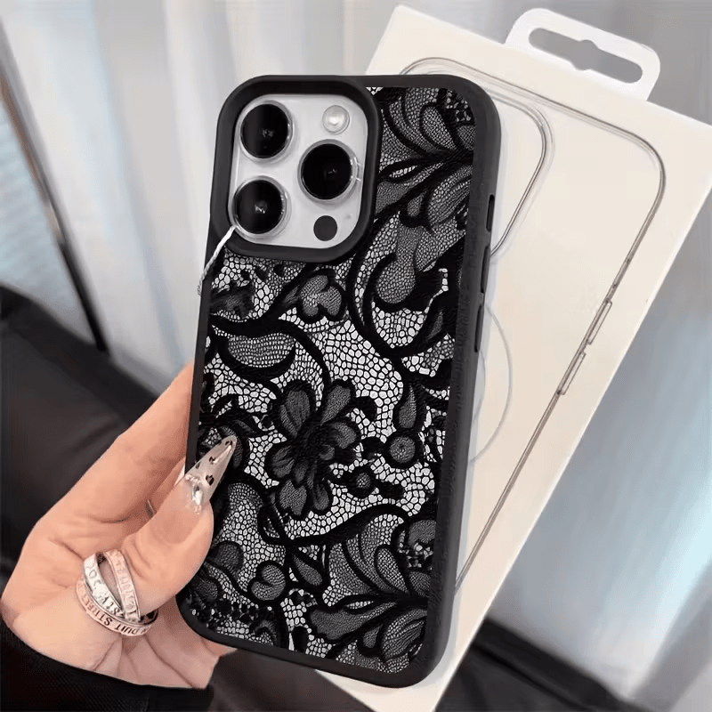 Phone Case , Black Lace Trendy Pattern Full Coverage TPU Lychee Texture , Shockproof Case Stylish Design Fashionable Cover , for iPhone 16 15 14 13 12 11 Pro Max X XS XR 8 7 Plus , 1pc , Daily Use Case Mobile Accessory