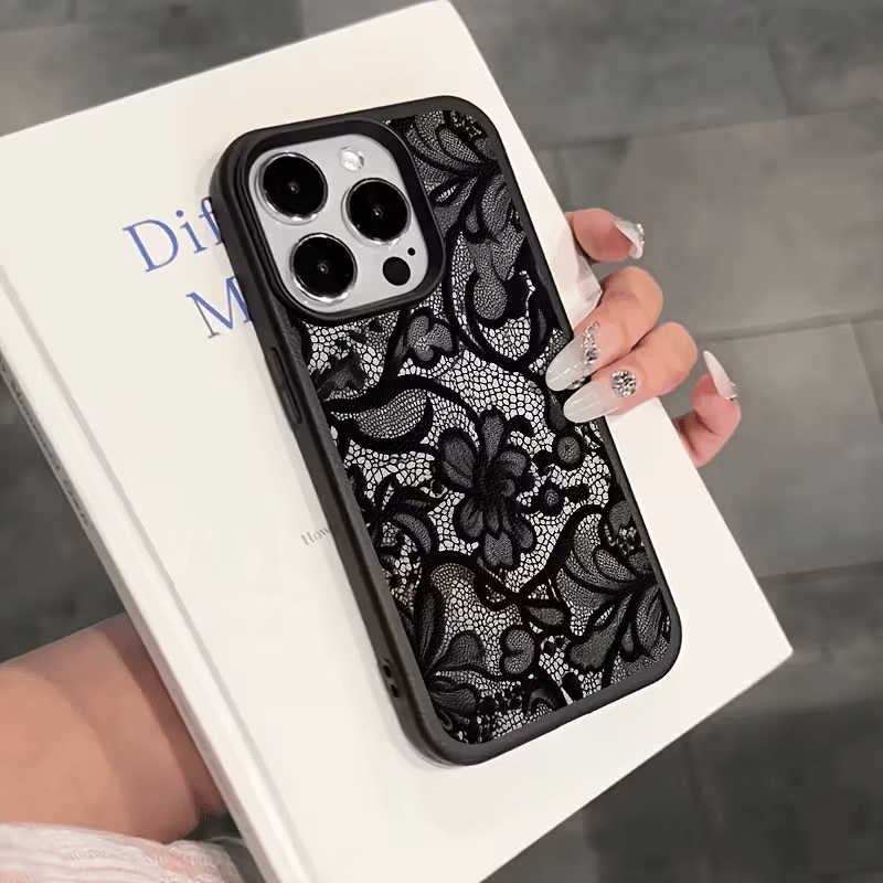 Phone Case , Black Lace Trendy Pattern Full Coverage TPU Lychee Texture , Shockproof Case Stylish Design Fashionable Cover , for iPhone 16 15 14 13 12 11 Pro Max X XS XR 8 7 Plus , 1pc , Daily Use Case Mobile Accessory