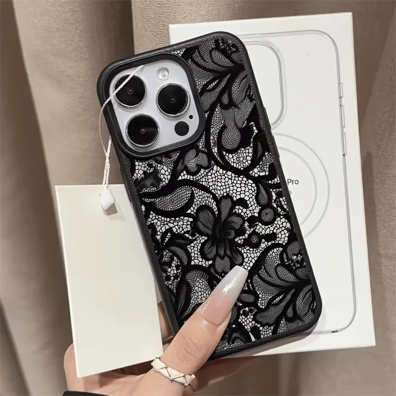 Phone Case , Black Lace Trendy Pattern Full Coverage TPU Lychee Texture , Shockproof Case Stylish Design Fashionable Cover , for iPhone 16 15 14 13 12 11 Pro Max X XS XR 8 7 Plus , 1pc , Daily Use Case Mobile Accessory
