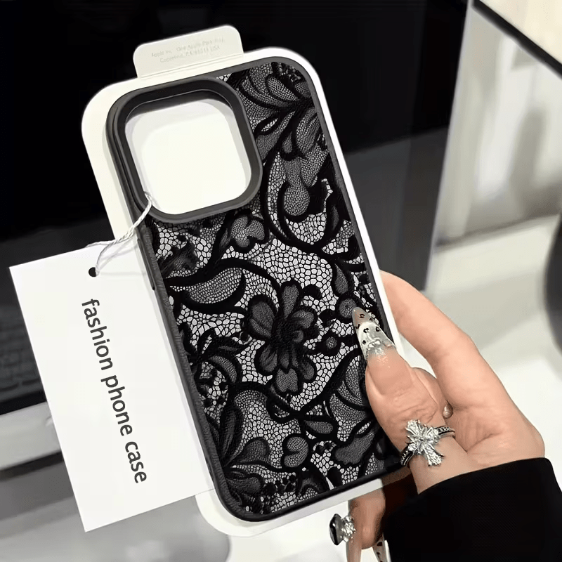 Phone Case , Black Lace Trendy Pattern Full Coverage TPU Lychee Texture , Shockproof Case Stylish Design Fashionable Cover , for iPhone 16 15 14 13 12 11 Pro Max X XS XR 8 7 Plus , 1pc , Daily Use Case Mobile Accessory
