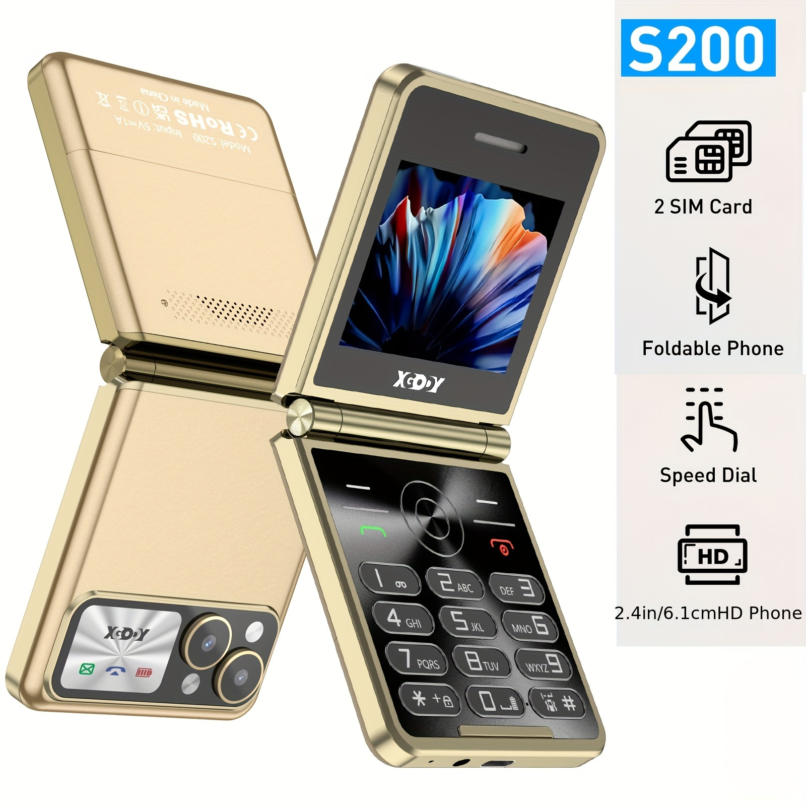 XGODY S200 Senior Mobile Phone Simple For Elderly, Basic Cell Phone With Large Buttons, Flip Phone, Unlocked Senior Mobile Phone With 2.4" Color Display | SOS Button | FM Radio |MicroSD Up To 128 GB Fat32 Torch |1300mAh Battery (Golden) With Case+Strap