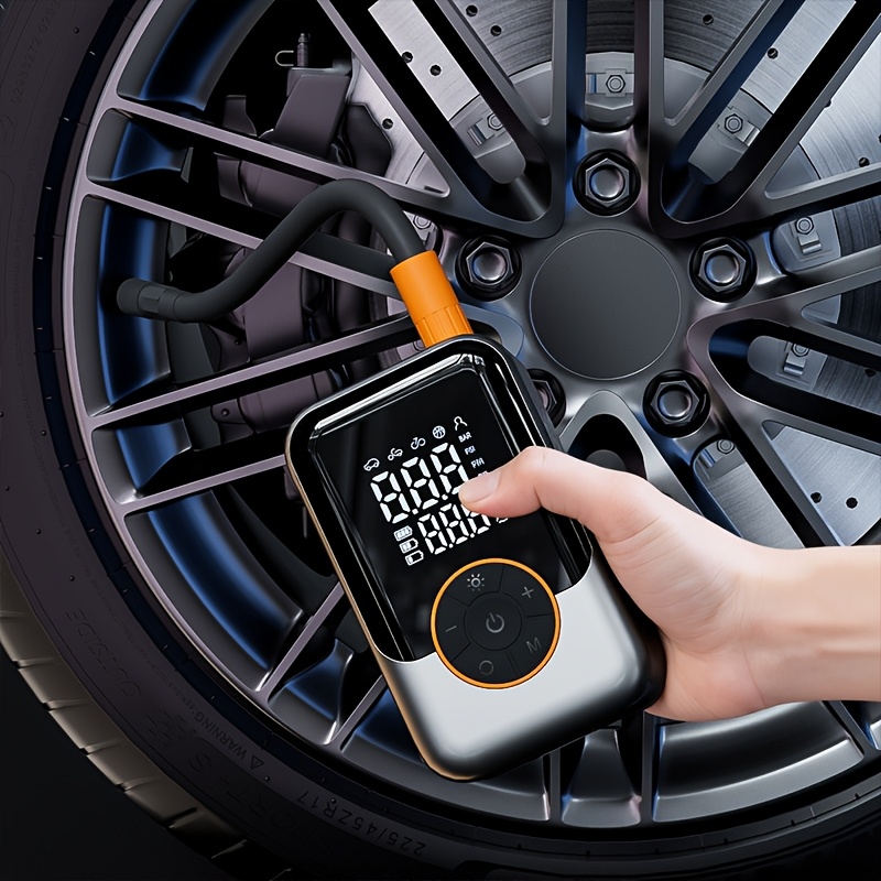 Portable wireless air pump with digital pressure gauge, built-in LED light and automatic pressure maintenance design, one-key smart air compressor, high-tech USB air compressor for cars, motorcycles, bicycles and sports equipment.