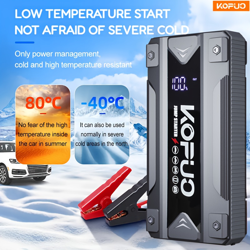 KOPUO 5000A Car Jump Starter (9.0L Gas/8.0L Diesel) Portable Device for Starting Vehicles, 12V Battery Booster with Safety Cables, Quick Charging Capabilities, Lights, Compact Design, Essential for Camping.