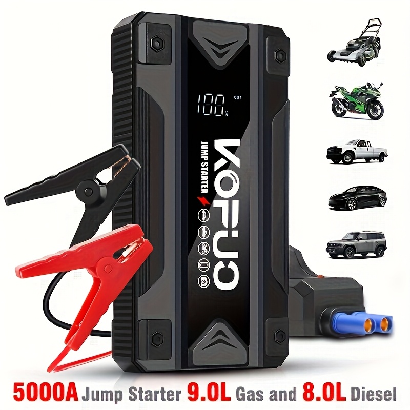 KOPUO 5000A Car Jump Starter (9.0L Gas/8.0L Diesel) Portable Device for Starting Vehicles, 12V Battery Booster with Safety Cables, Quick Charging Capabilities, Lights, Compact Design, Essential for Camping.